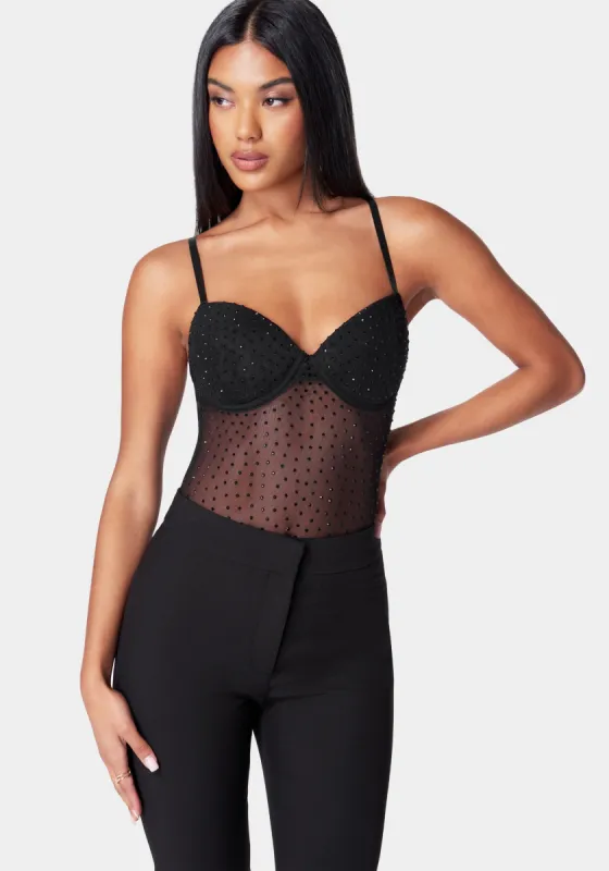 Rhinestone Mesh Bodysuit sold by Bebe