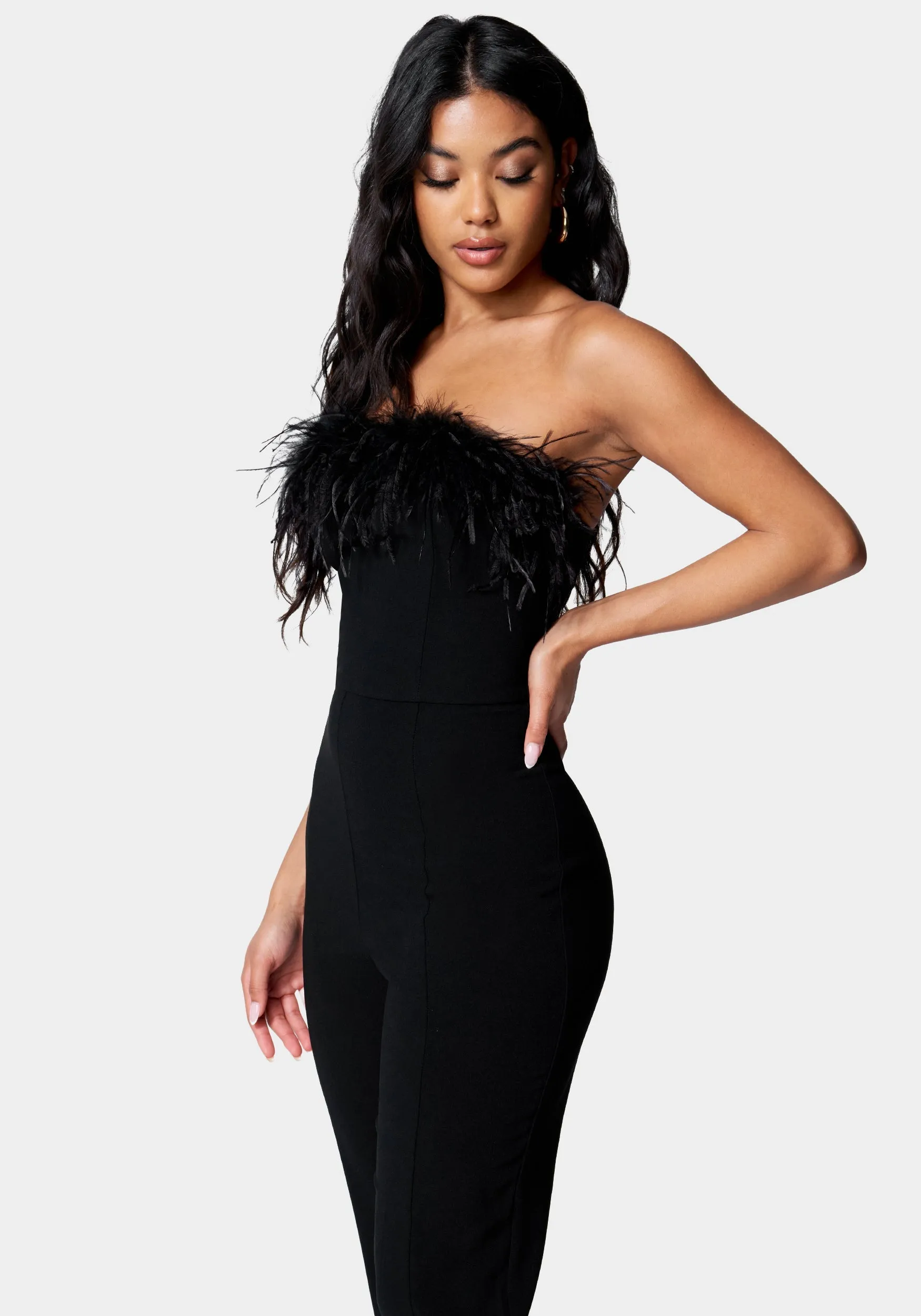 Feather Trim Split Hem Jumpsuit sold by Bebe product image thumbnail 2