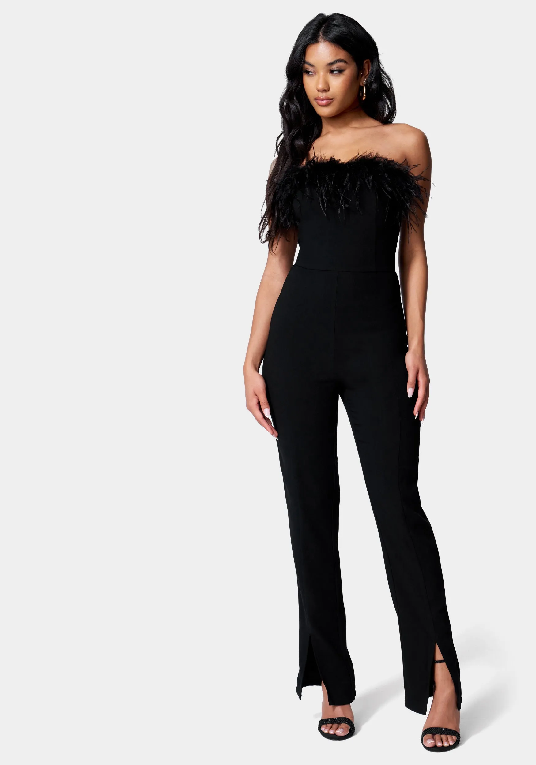 Feather Trim Split Hem Jumpsuit sold by Bebe