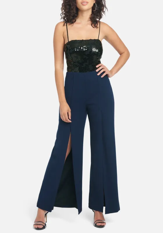 Sequin Bodice Open Leg Jumpsuit sold by Bebe