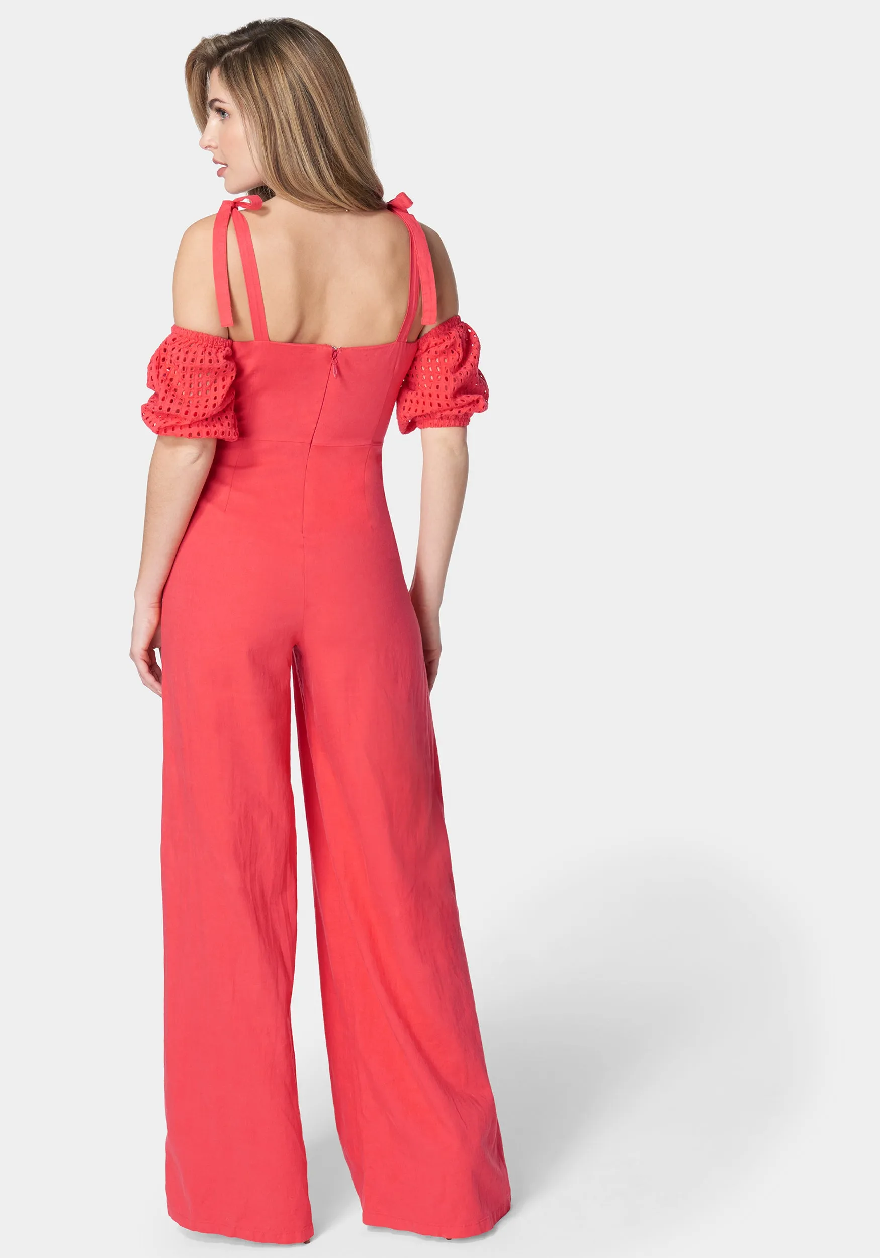 Embroidered Cotton Puff Sleeve Full Wide Leg Jumpsuit sold by Bebe product image thumbnail 3