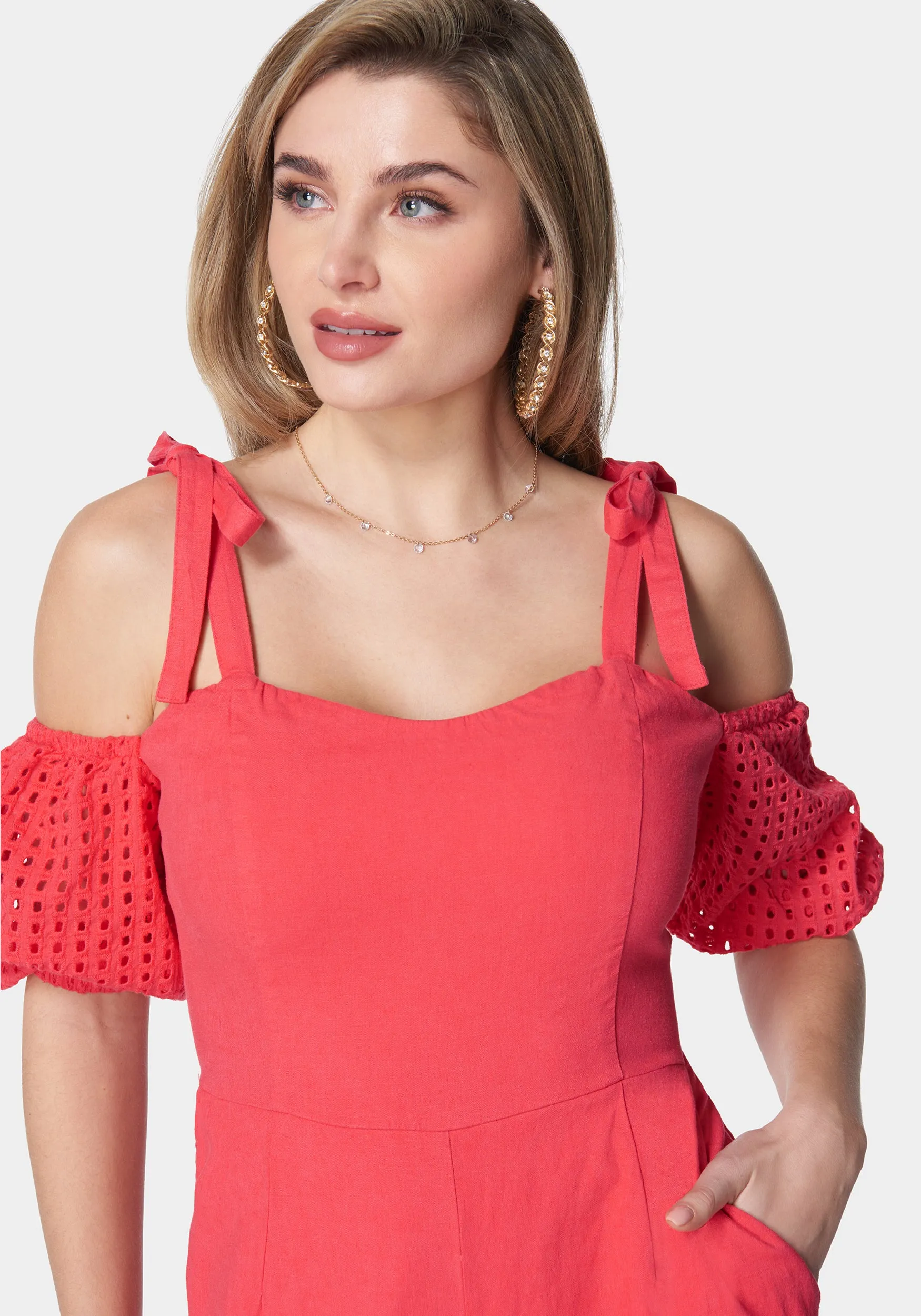 Embroidered Cotton Puff Sleeve Full Wide Leg Jumpsuit sold by Bebe product image thumbnail 4