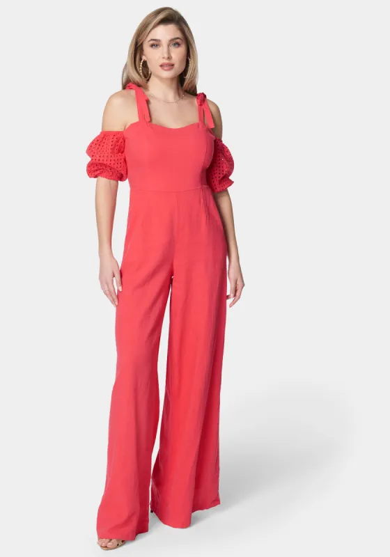 Embroidered Cotton Puff Sleeve Full Wide Leg Jumpsuit sold by Bebe