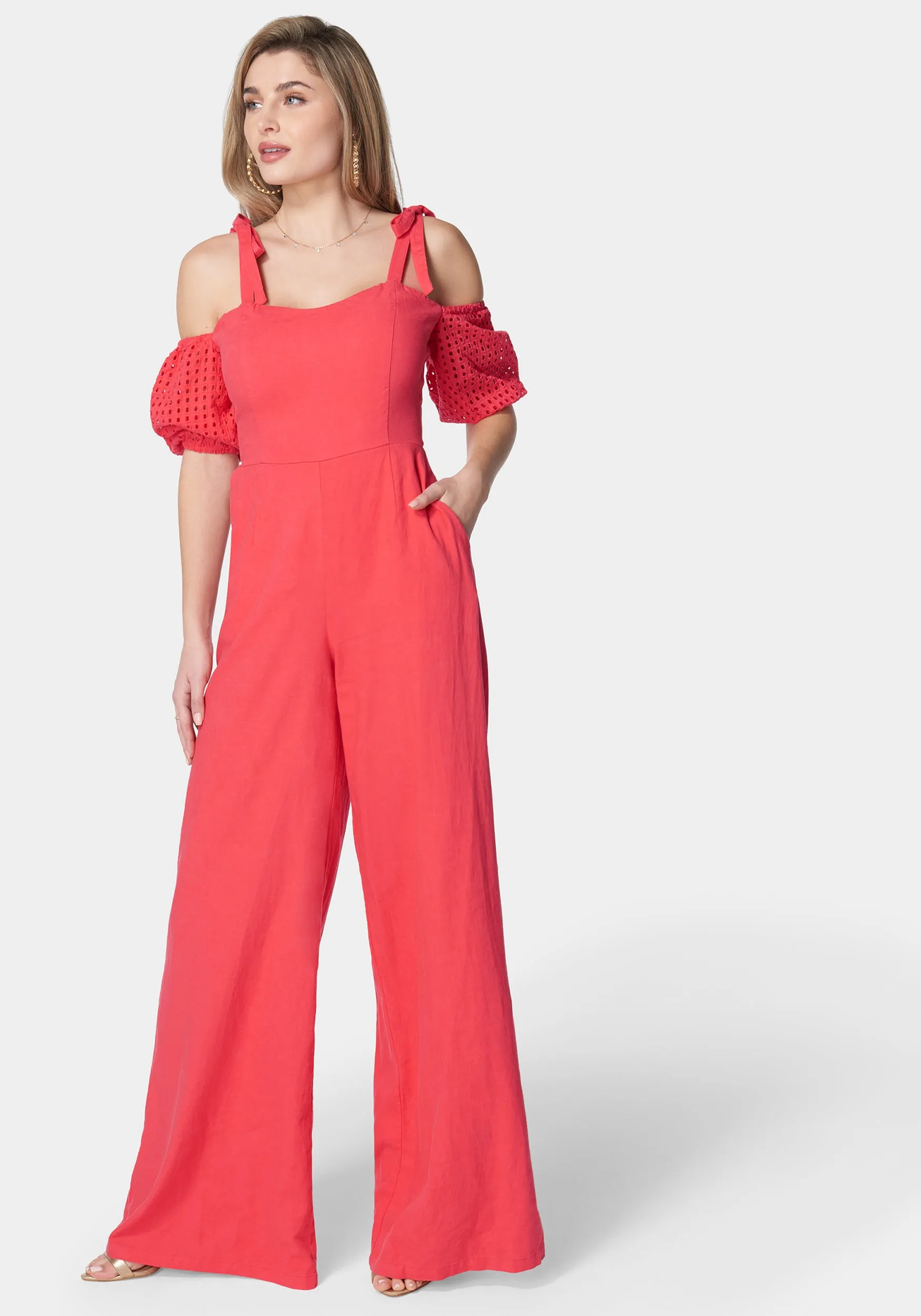 Embroidered Cotton Puff Sleeve Full Wide Leg Jumpsuit sold by Bebe product image thumbnail 2