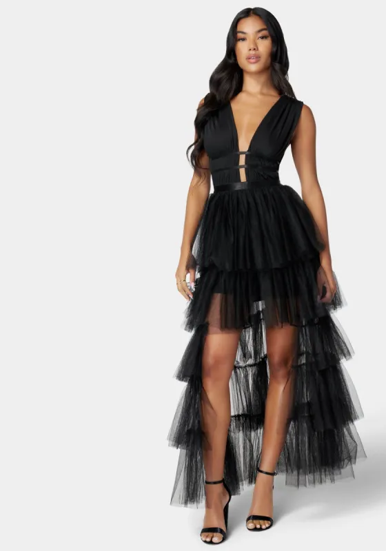Tiered High Low Mesh Dress sold by Bebe