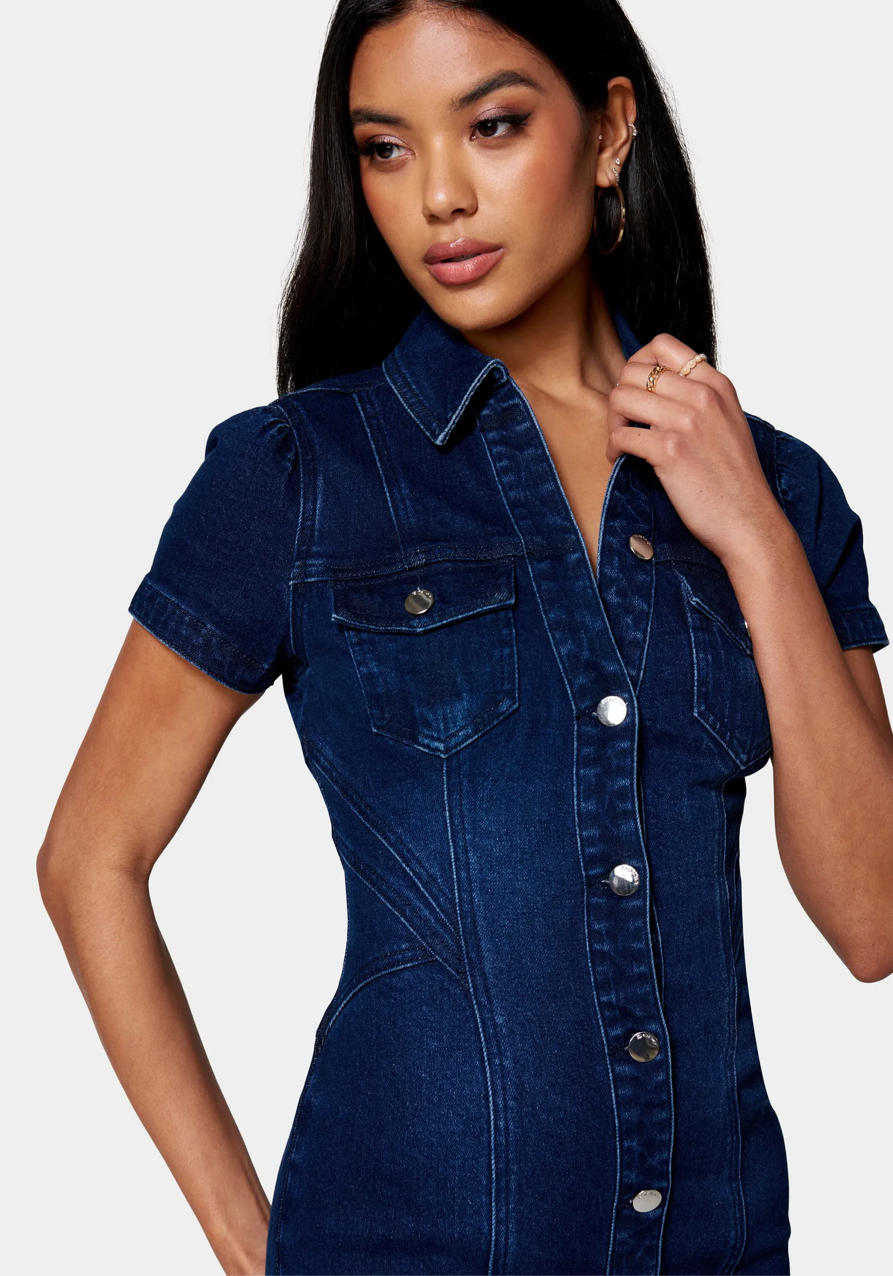 Short Sleeve Button Down Denim Dress sold by Bebe product image thumbnail 4