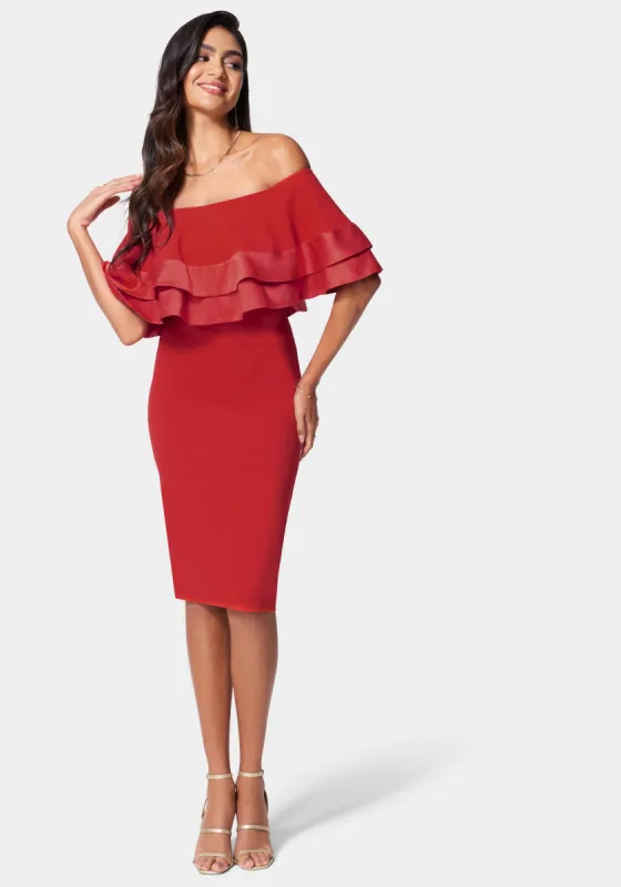 Satin Tip Off Shoulder Midi Dress sold by Bebe