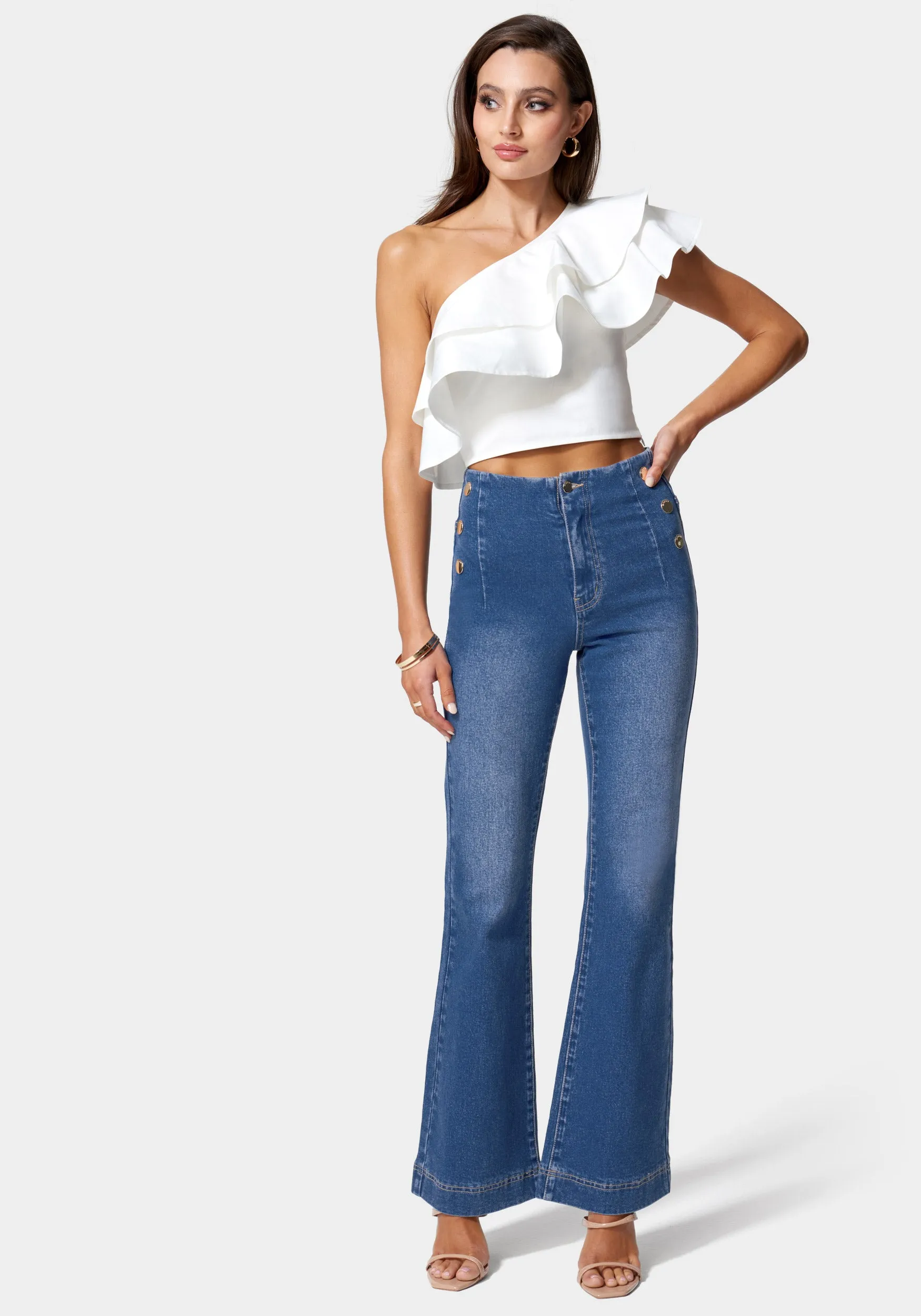 High Waist Button Detail Wide Leg Jeans sold by Bebe product image thumbnail 2