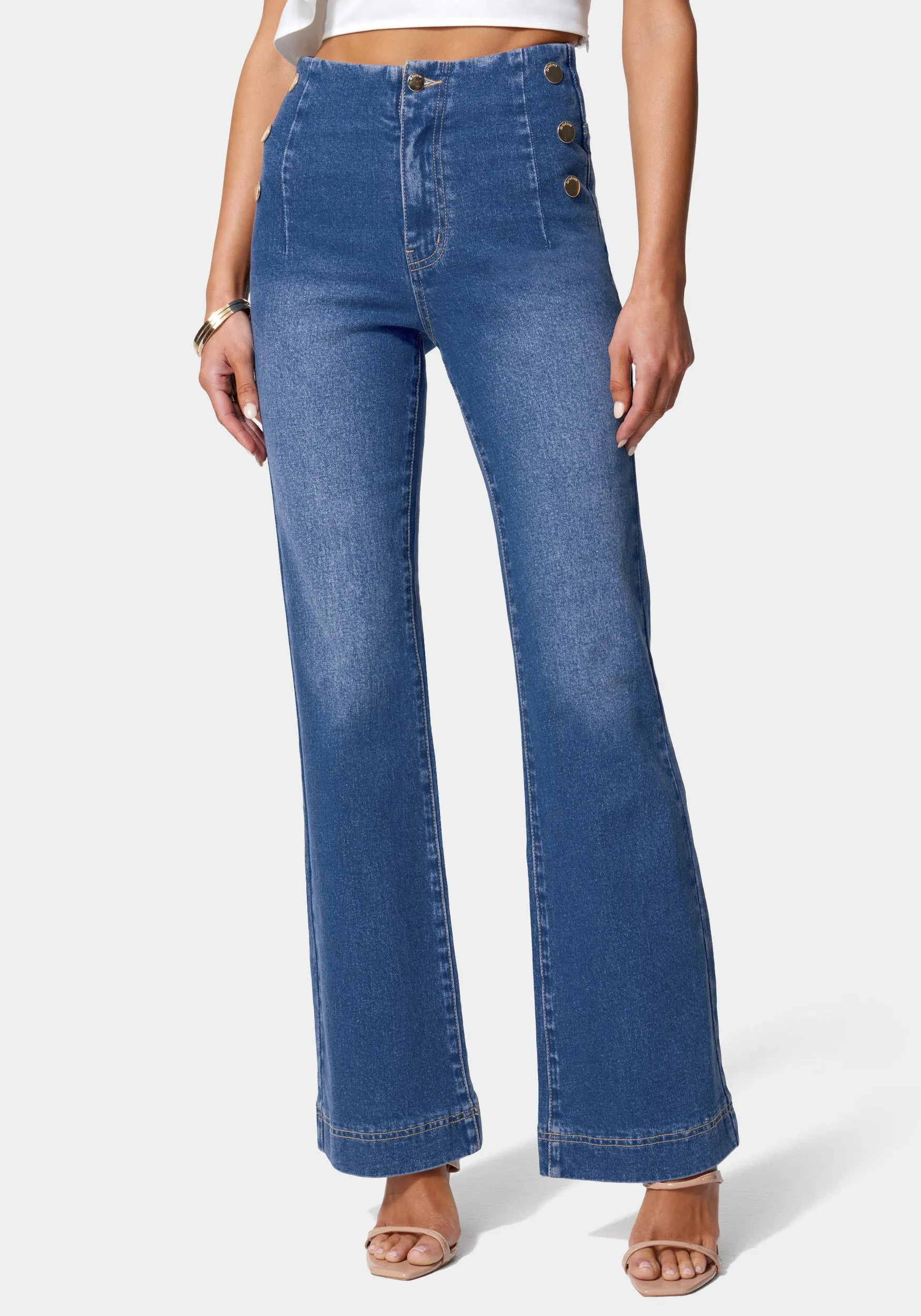 High Waist Button Detail Wide Leg Jeans sold by Bebe