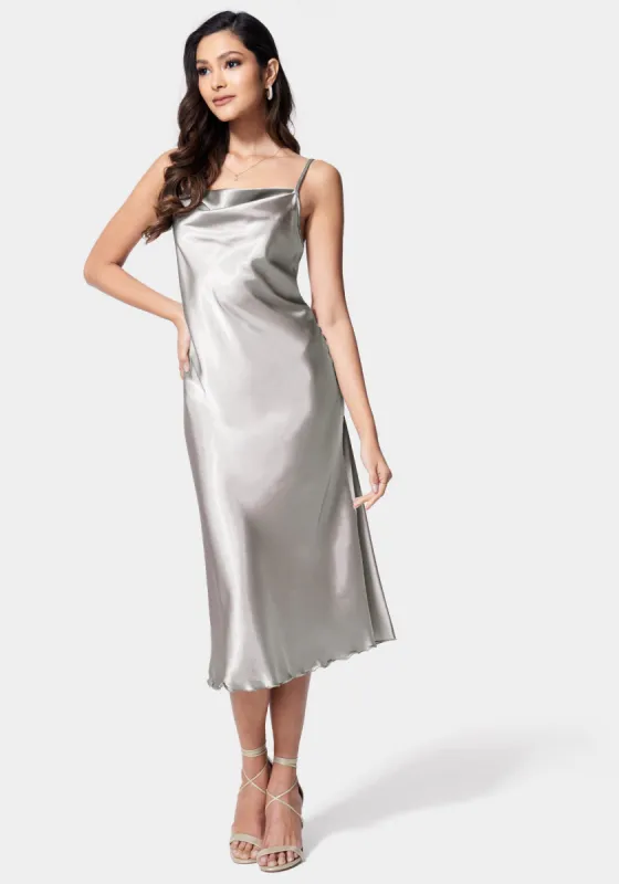 Satin Cowl Neck Slip Midi Dress sold by Bebe