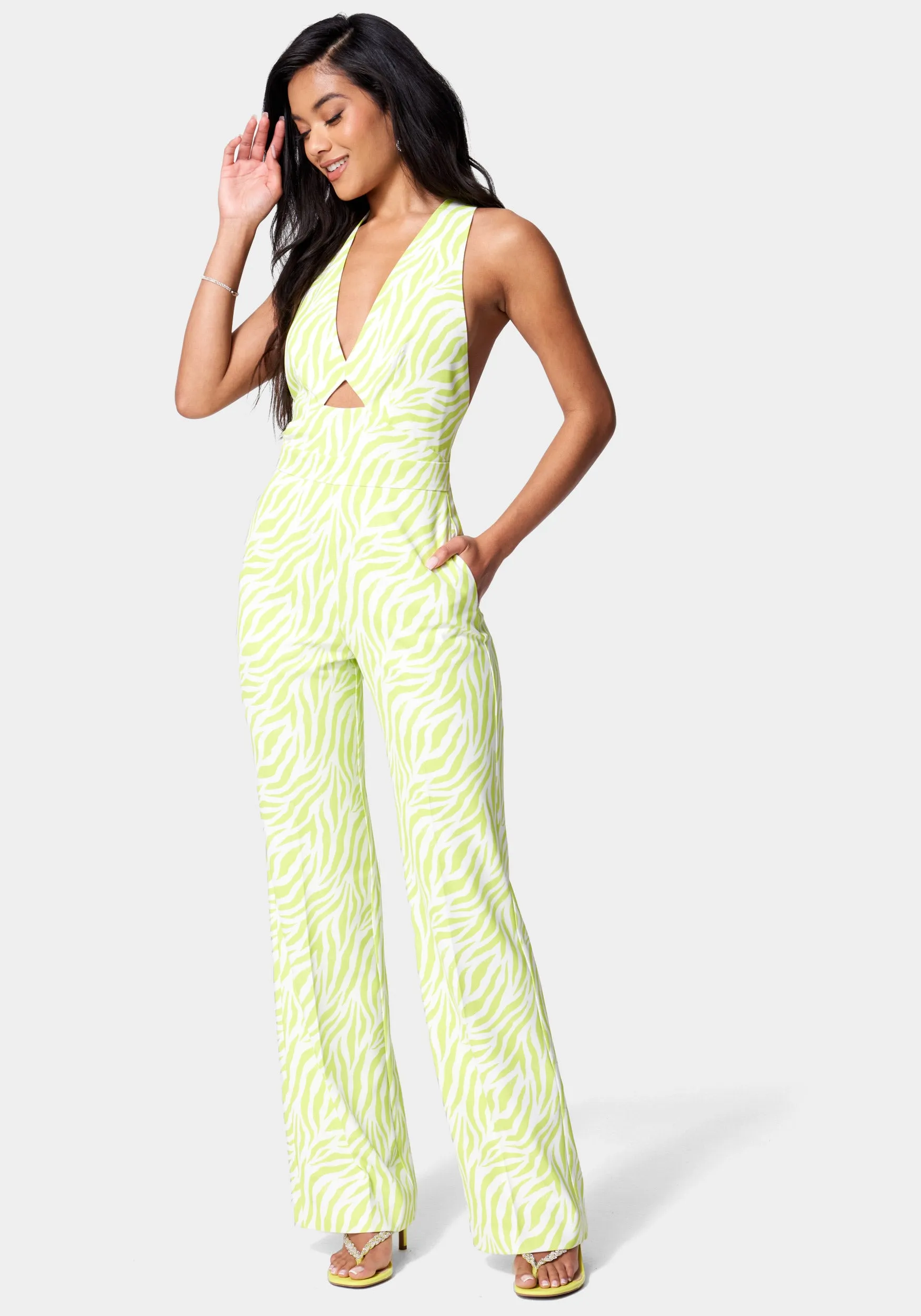 Satin Twill Halter Tie Back Wide Leg Jumpsuit sold by Bebe