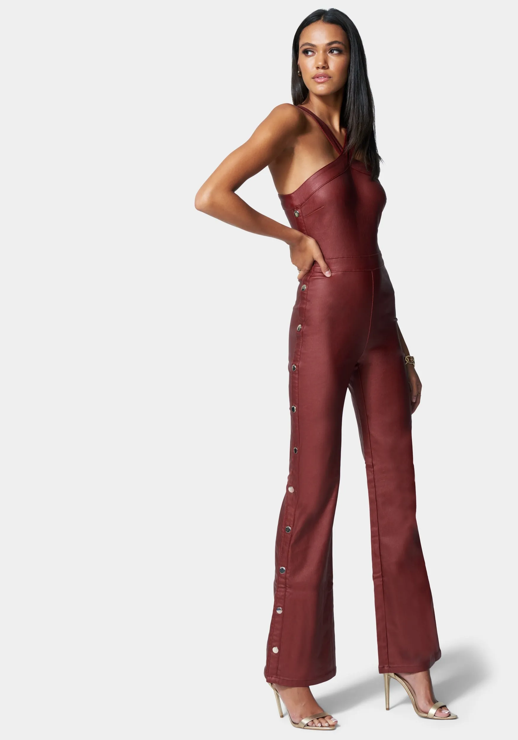 Wide Leg Snap Detail Coated Denim Jumpsuit sold by Bebe product image thumbnail 2