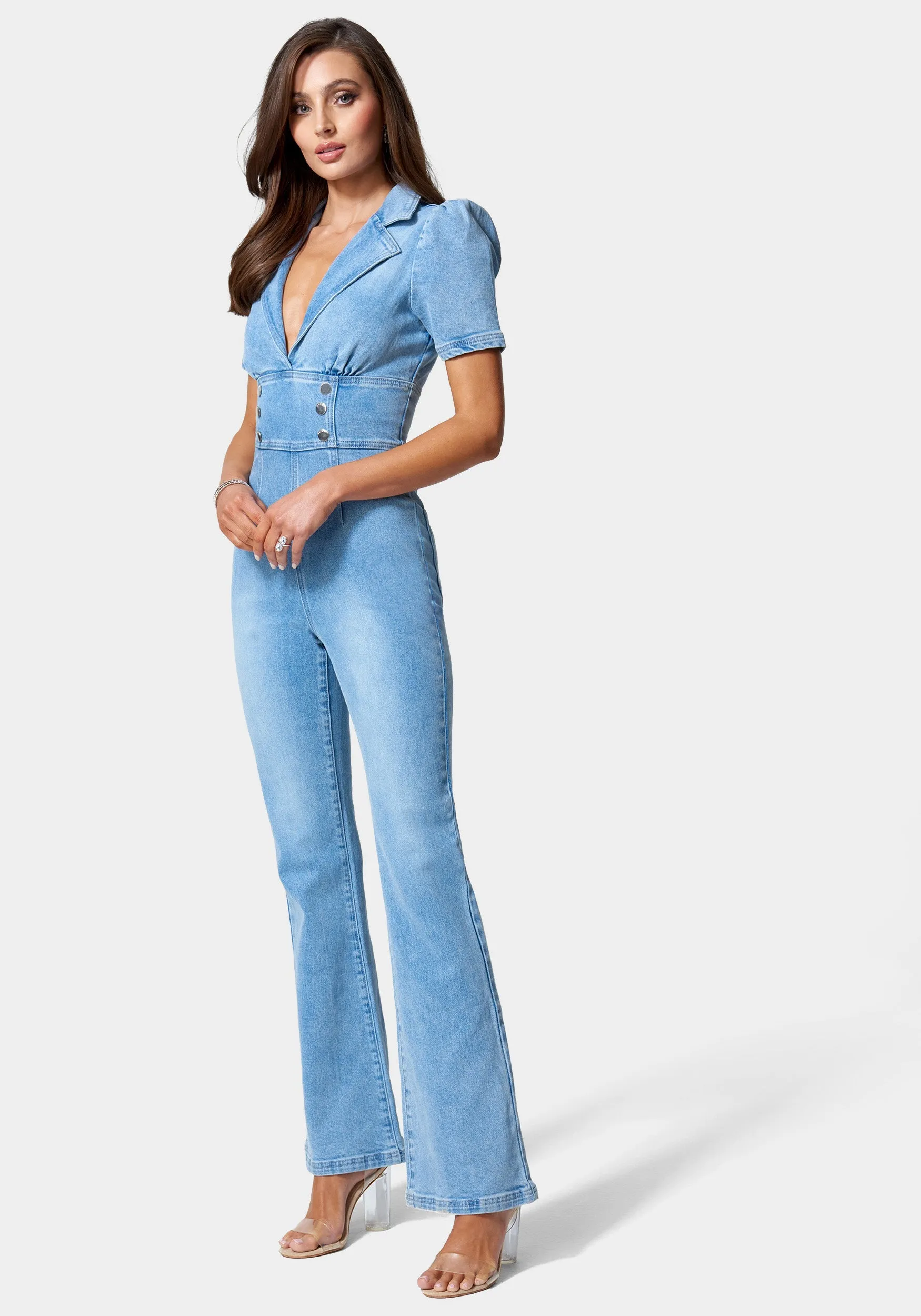 Short Sleeve Notch Collar Wide Leg Denim Jumpsuit sold by Bebe product image thumbnail 2