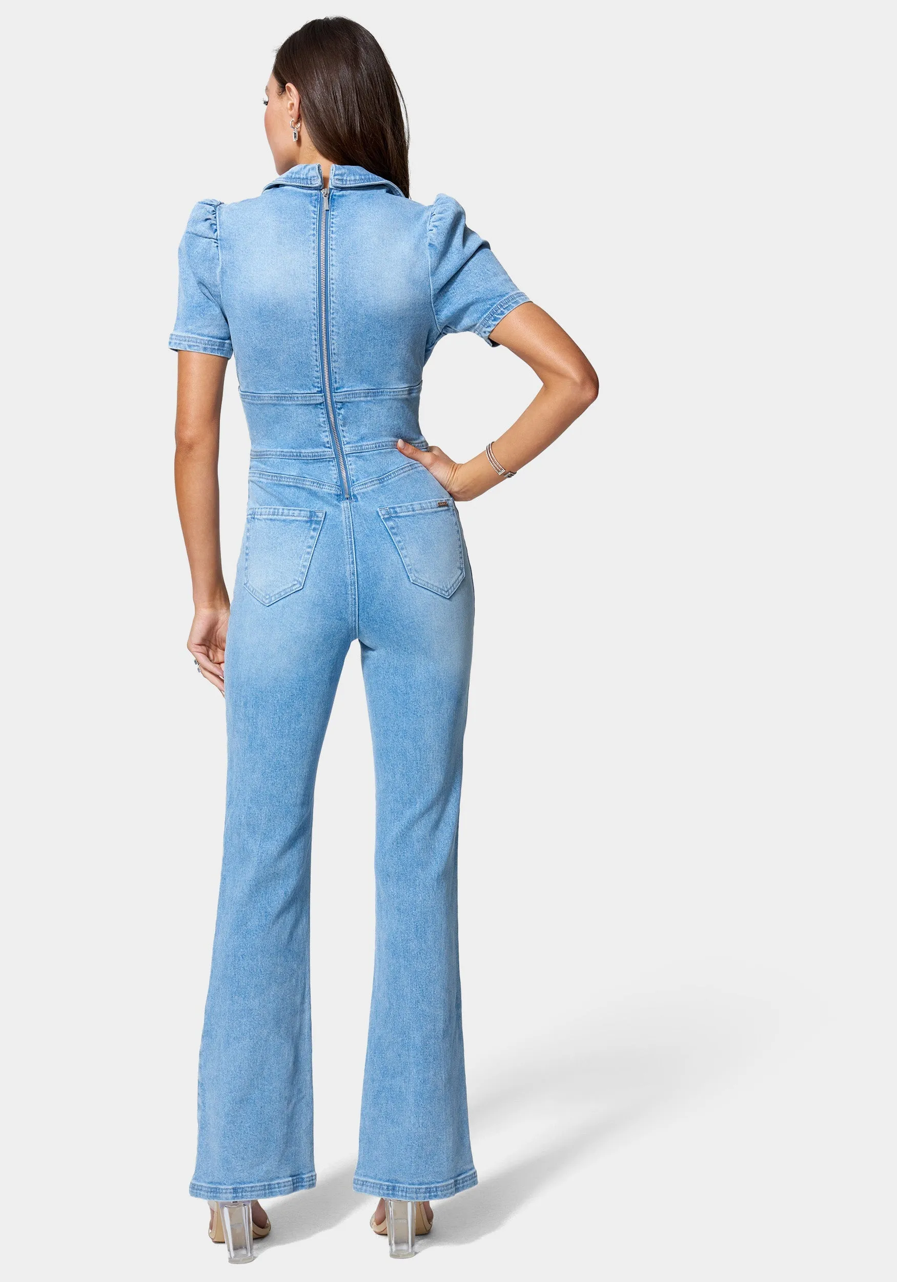 Short Sleeve Notch Collar Wide Leg Denim Jumpsuit sold by Bebe product image thumbnail 3
