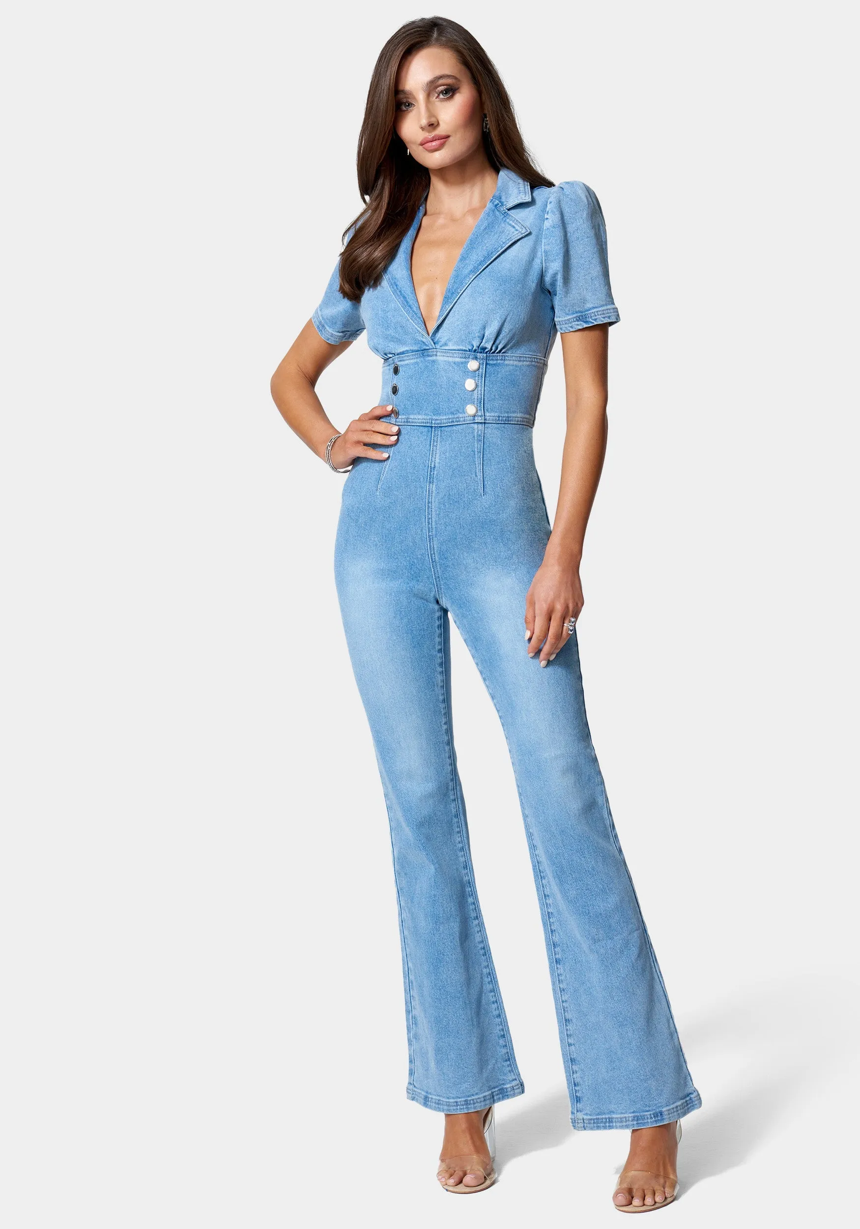 Short Sleeve Notch Collar Wide Leg Denim Jumpsuit sold by Bebe
