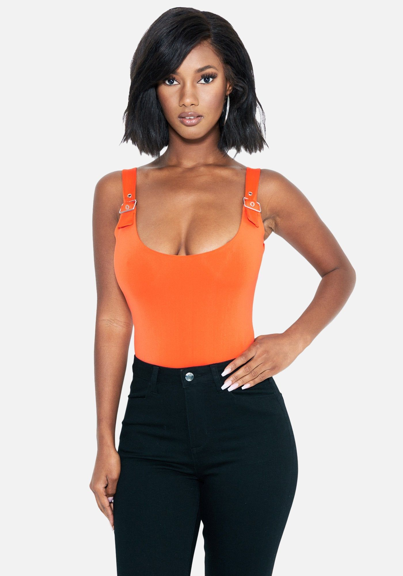 Buckle Shoulder Knit Bodysuit sold by Bebe