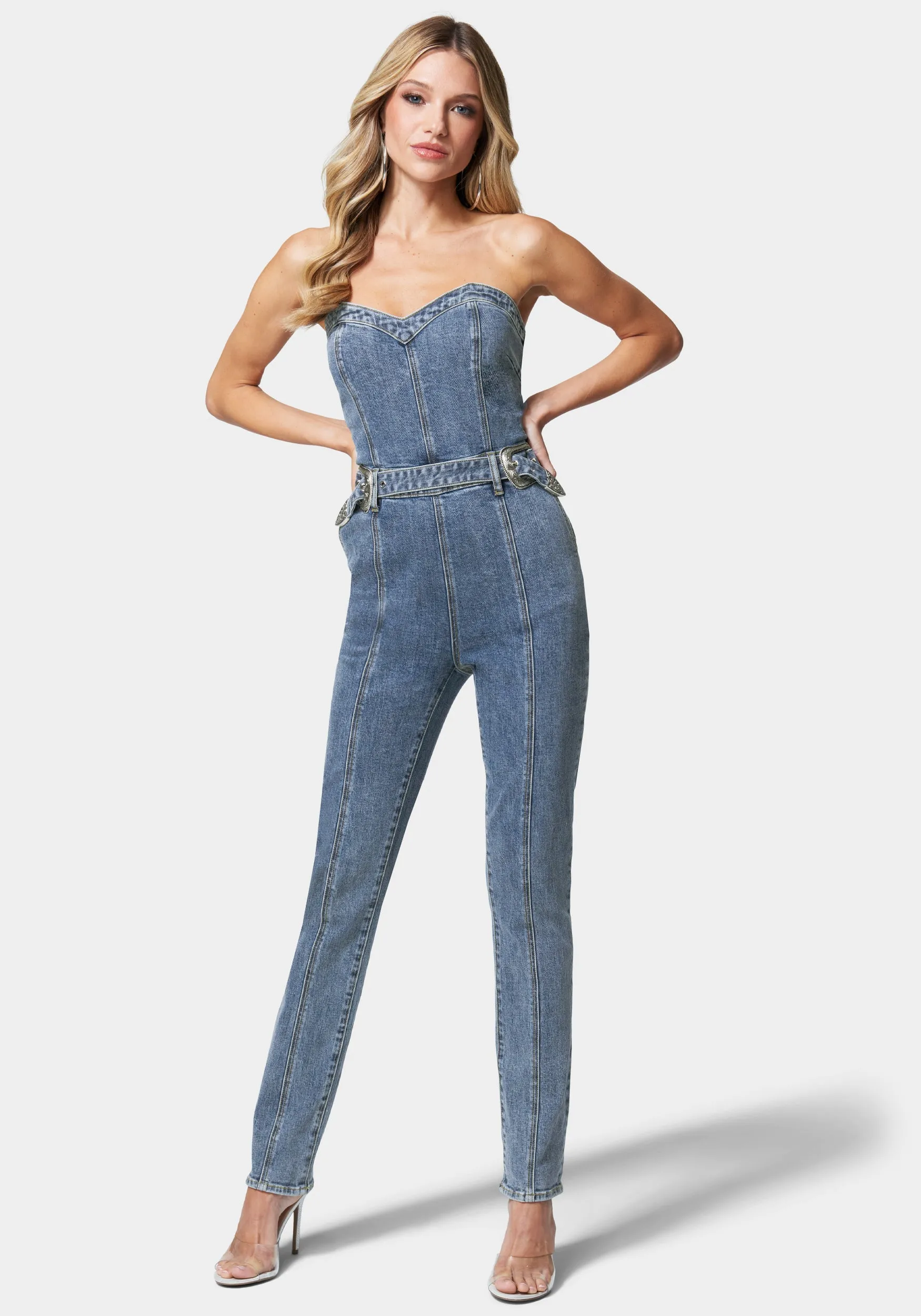Belted Sweetheart Denim Jumpsuit sold by Bebe