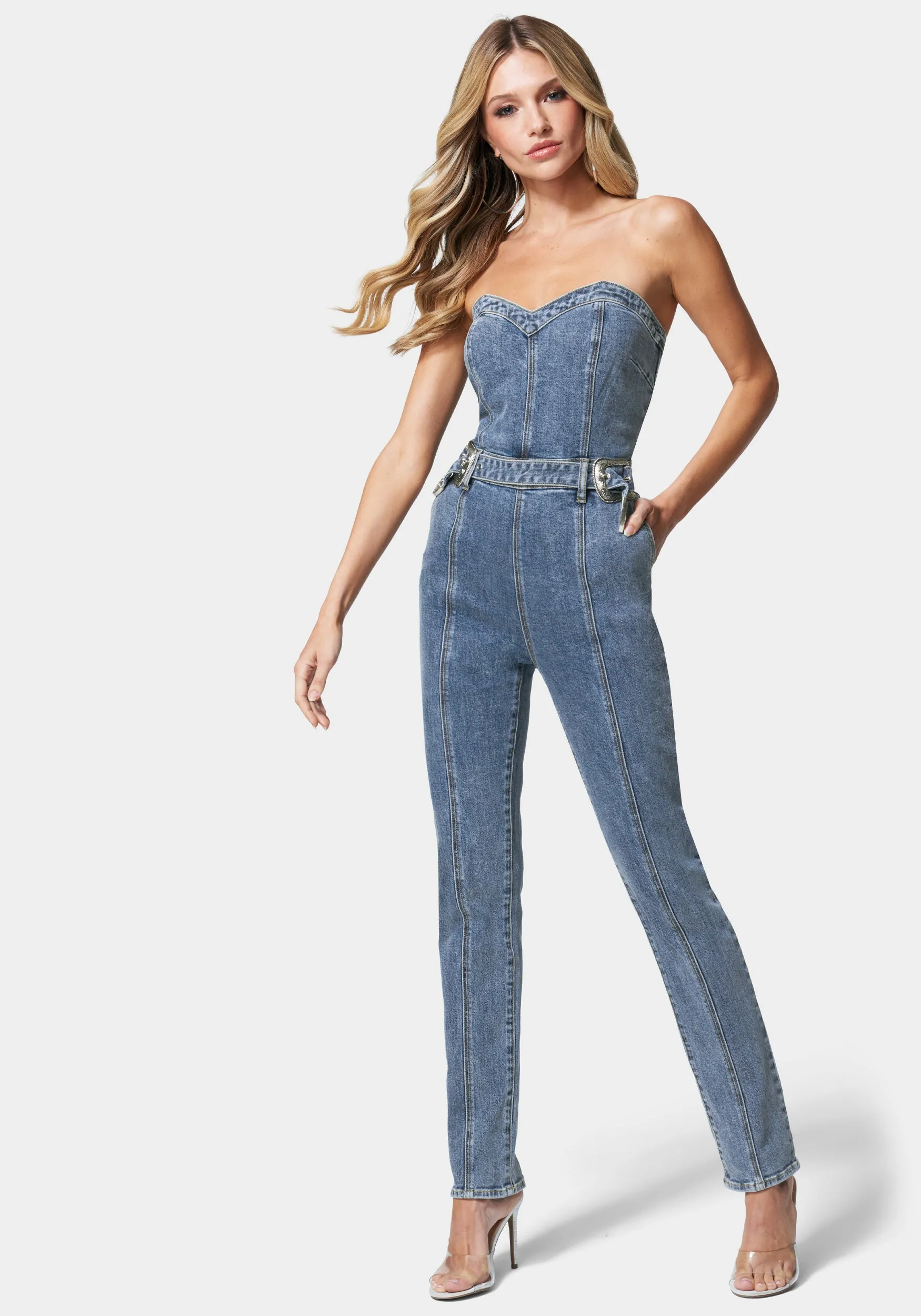 Belted Sweetheart Denim Jumpsuit sold by Bebe product image thumbnail 3