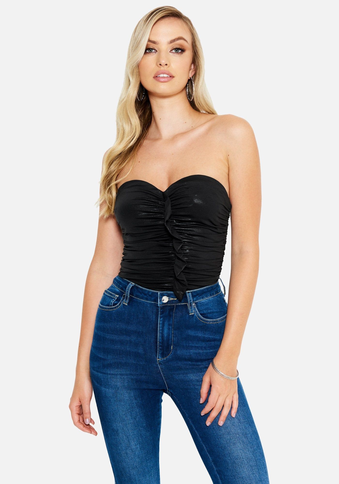 Strapless Ruched Ruffle Knit Top sold by Bebe