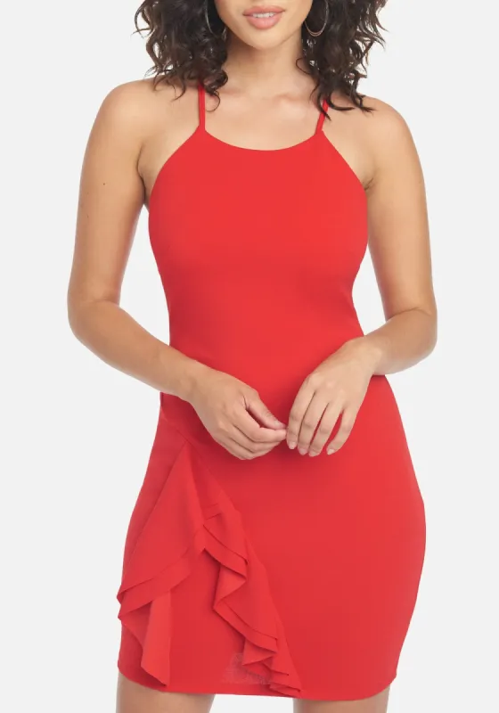 Halter Asymmetrical Ruffle Dress sold by Bebe