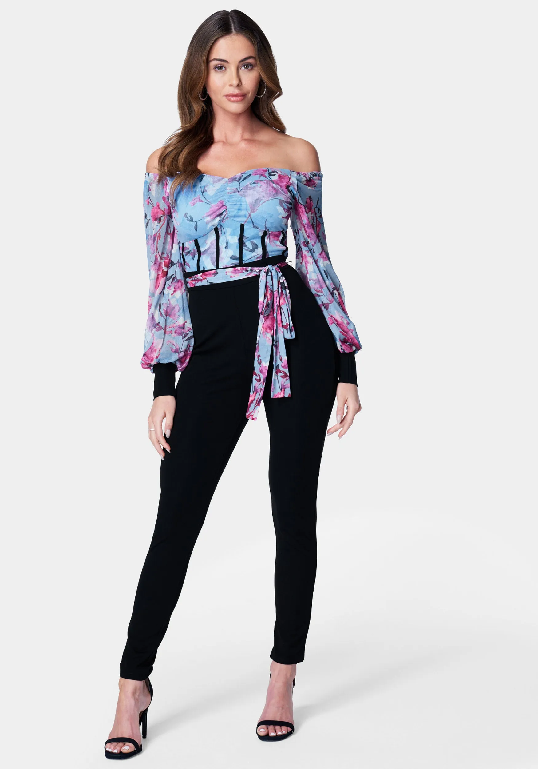 Printed Mesh Off Shoulder Catsuit sold by Bebe