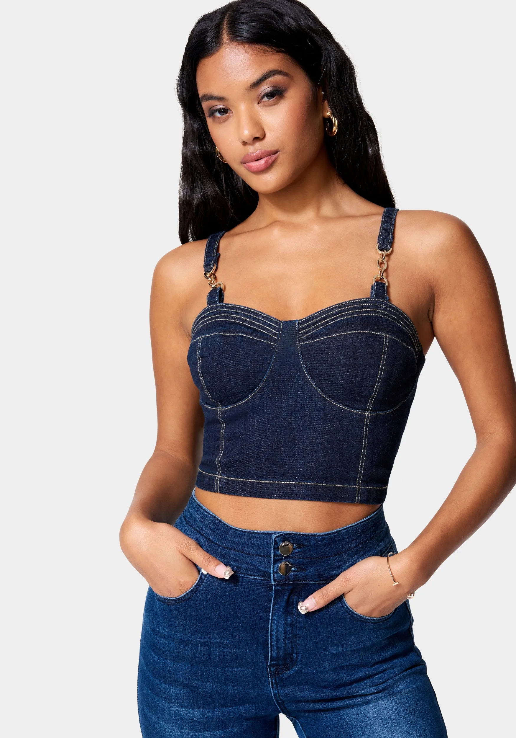 Buckle Strap Denim Bustier sold by Bebe