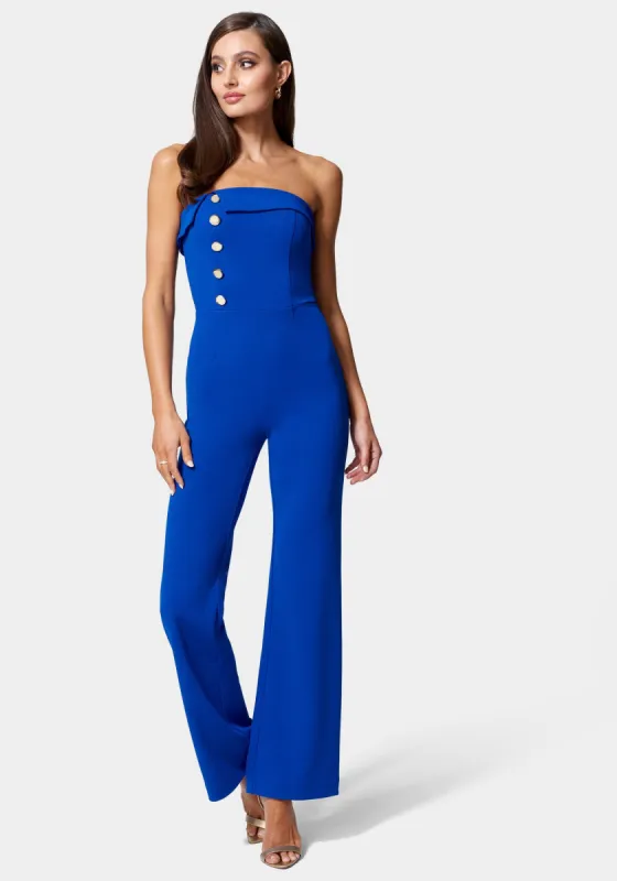 Knit Crepe Strapless Button Detail Wide Leg Jumpsuit sold by Bebe