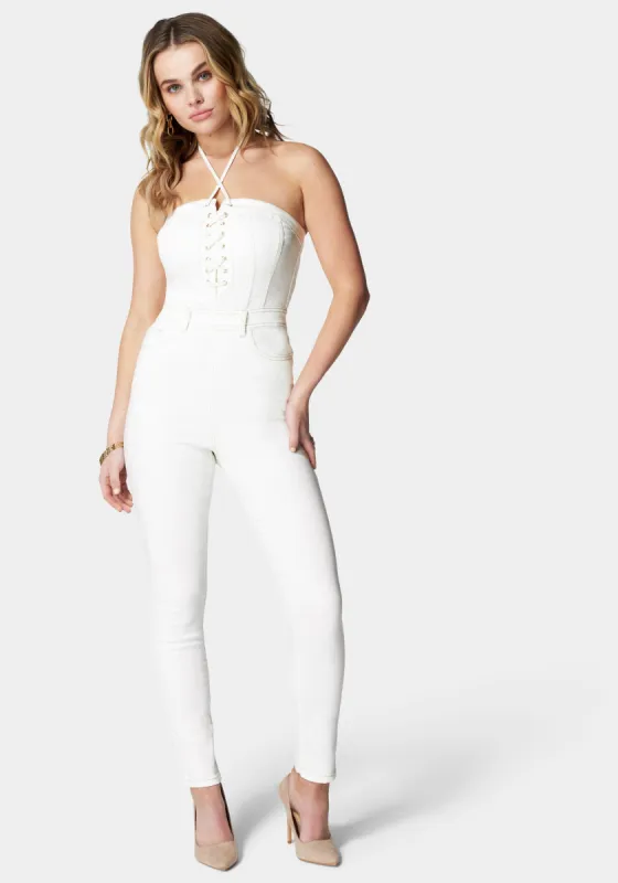 Strapless Tie Detail Skinny Denim Jumpsuit sold by Bebe