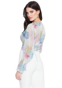 Printed Surplice Woven Top sold by Bebe