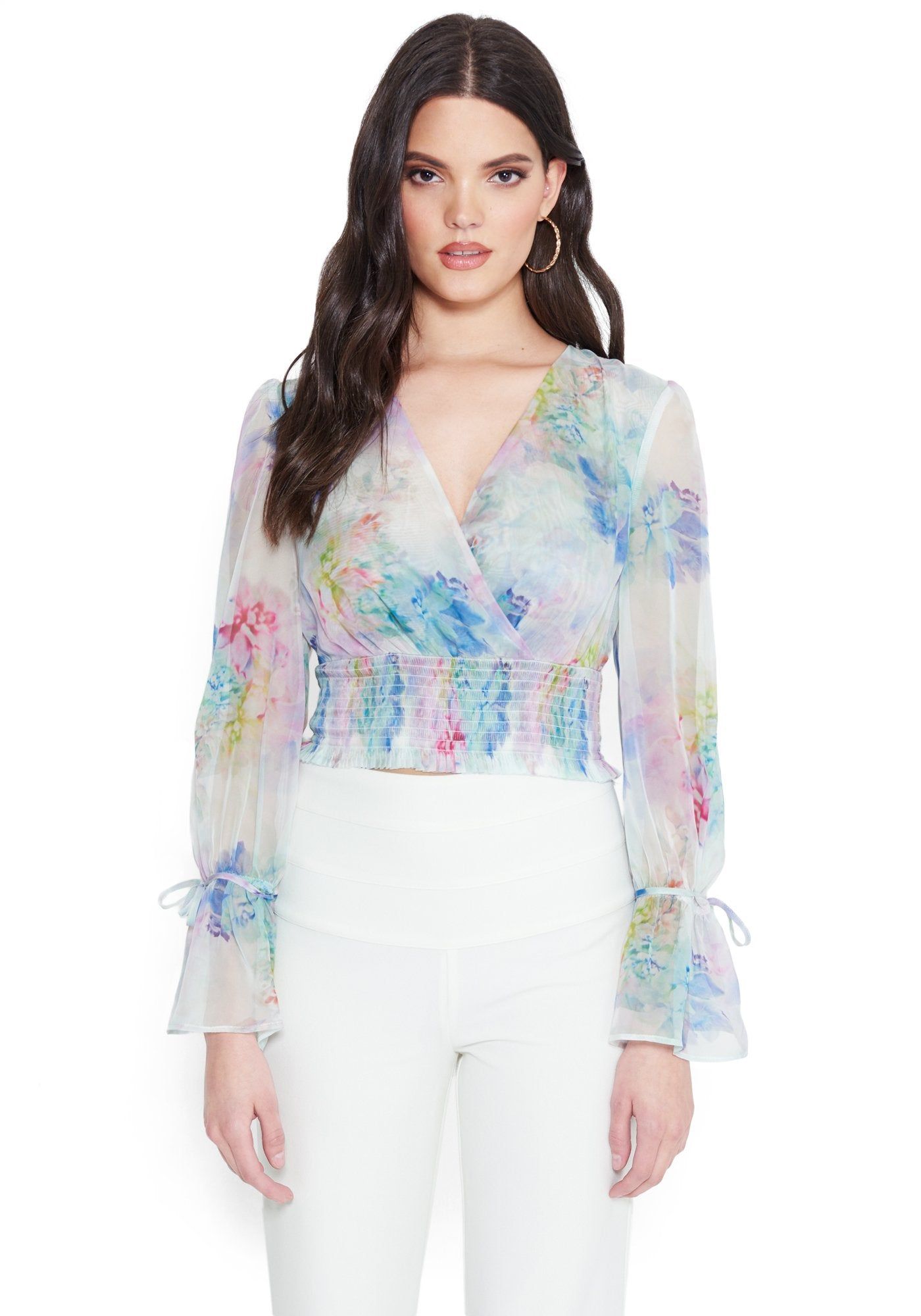 Printed Surplice Woven Top sold by Bebe