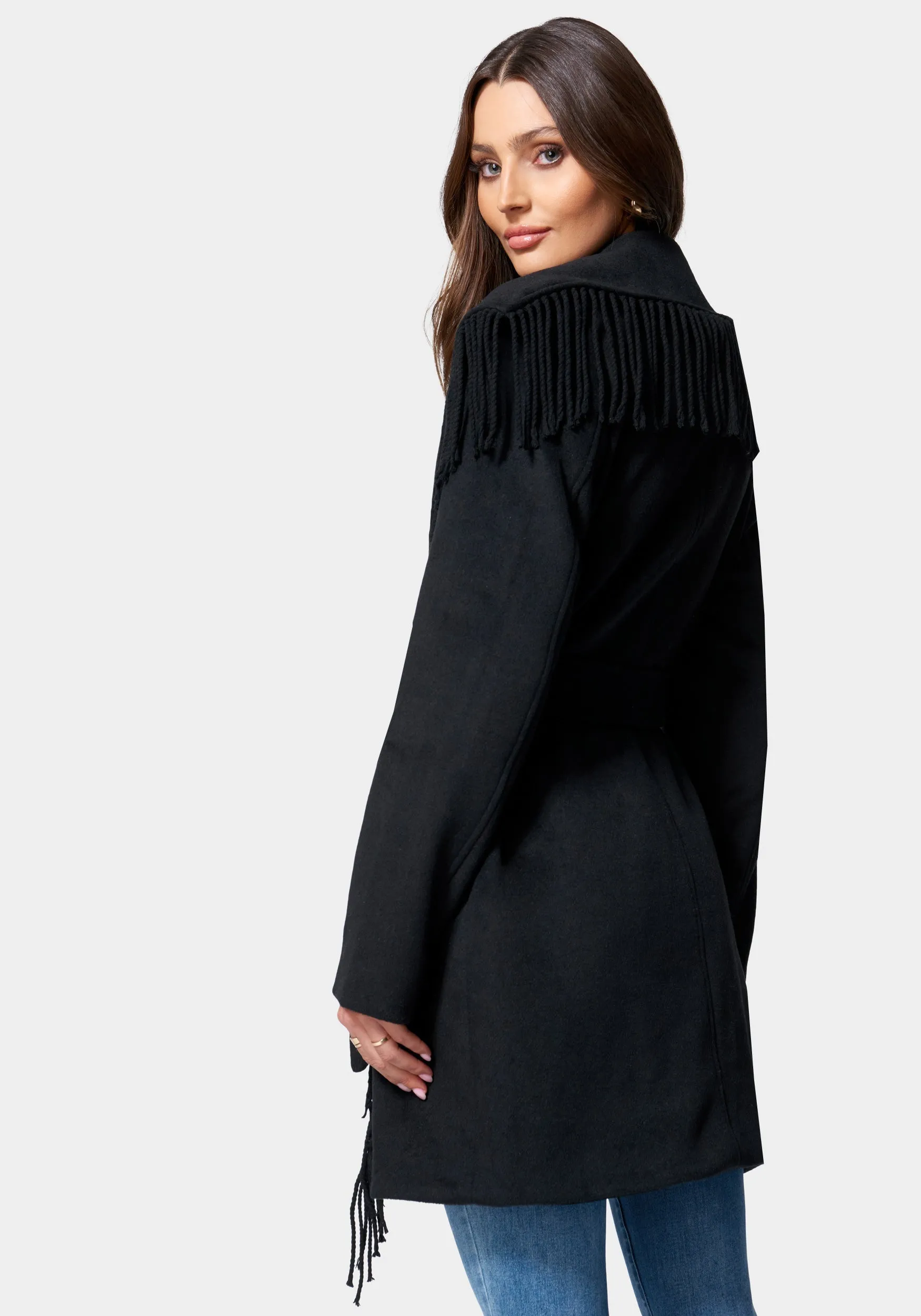 Fringe Detail Tie Waist Wrap Coat sold by Bebe product image thumbnail 3