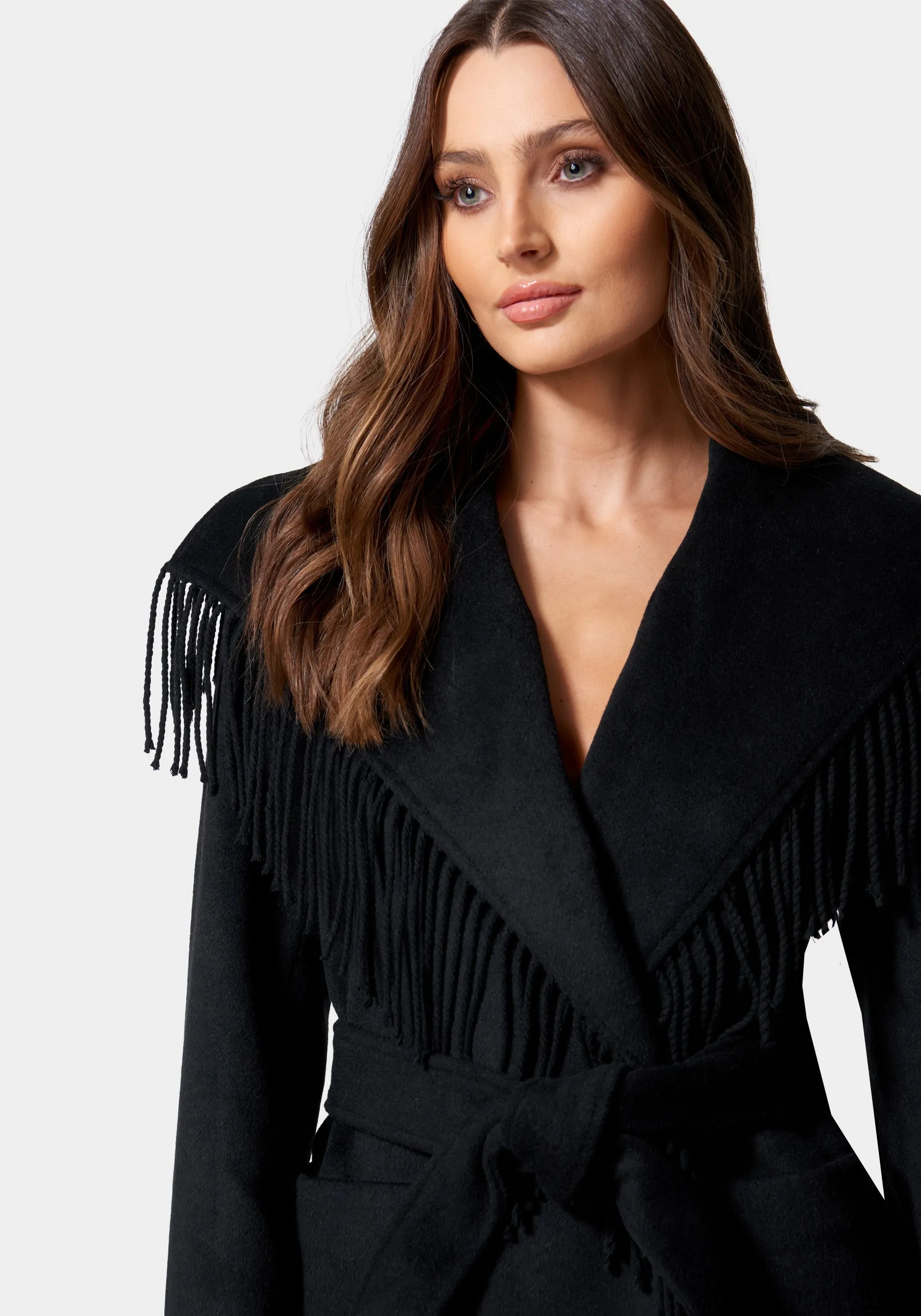 Fringe Detail Tie Waist Wrap Coat sold by Bebe product image thumbnail 4
