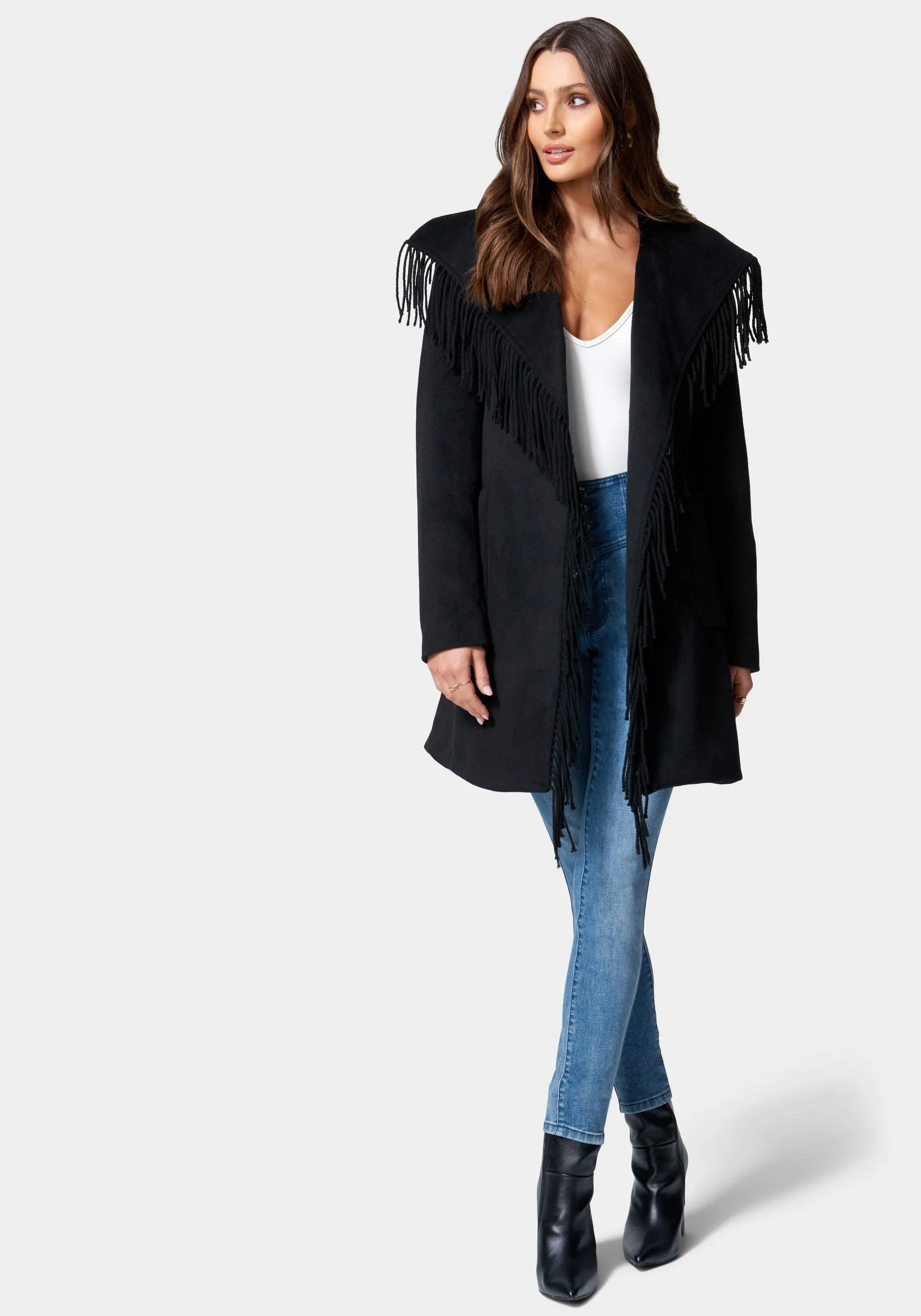 Fringe Detail Tie Waist Wrap Coat sold by Bebe