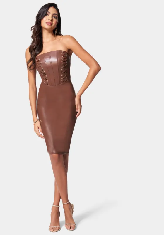 Vegan Leather Strapless Corset Midi Dress sold by Bebe