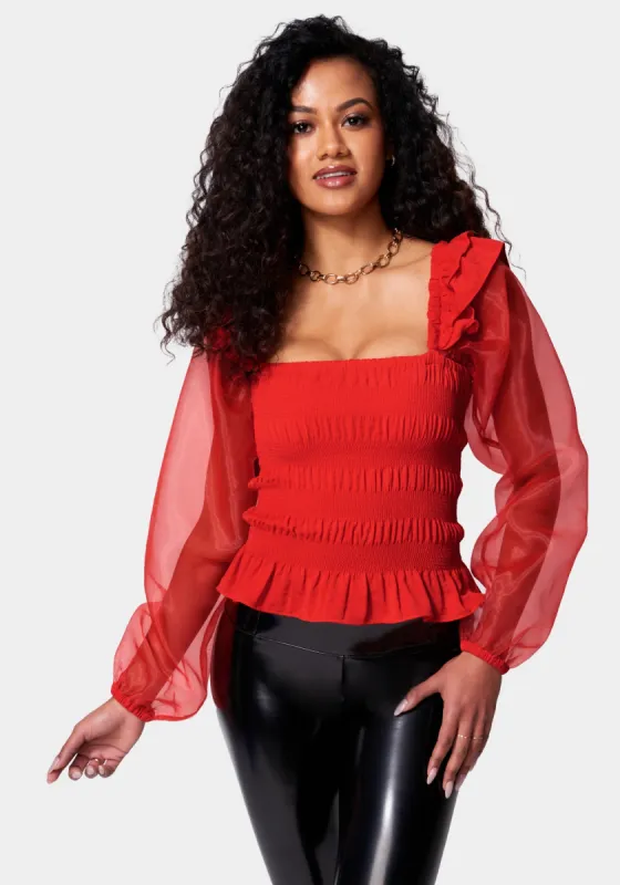 Smocked Body Chiffon Sleeve Top sold by Bebe