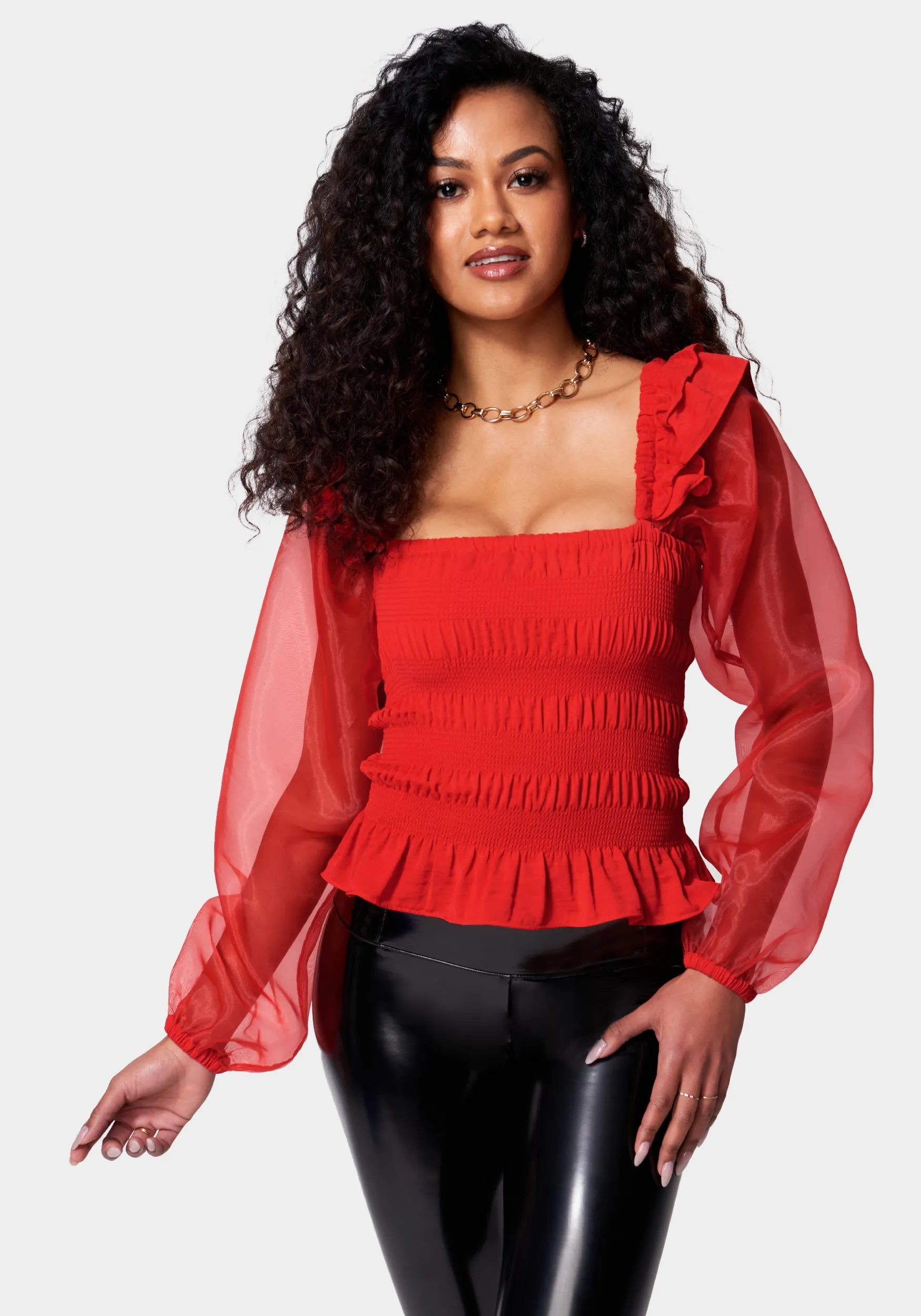 Smocked Body Chiffon Sleeve Top sold by Bebe