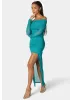 Off Shoulder Asymmetrical Mesh Gown sold by Bebe