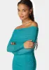 Off Shoulder Asymmetrical Mesh Gown sold by Bebe
