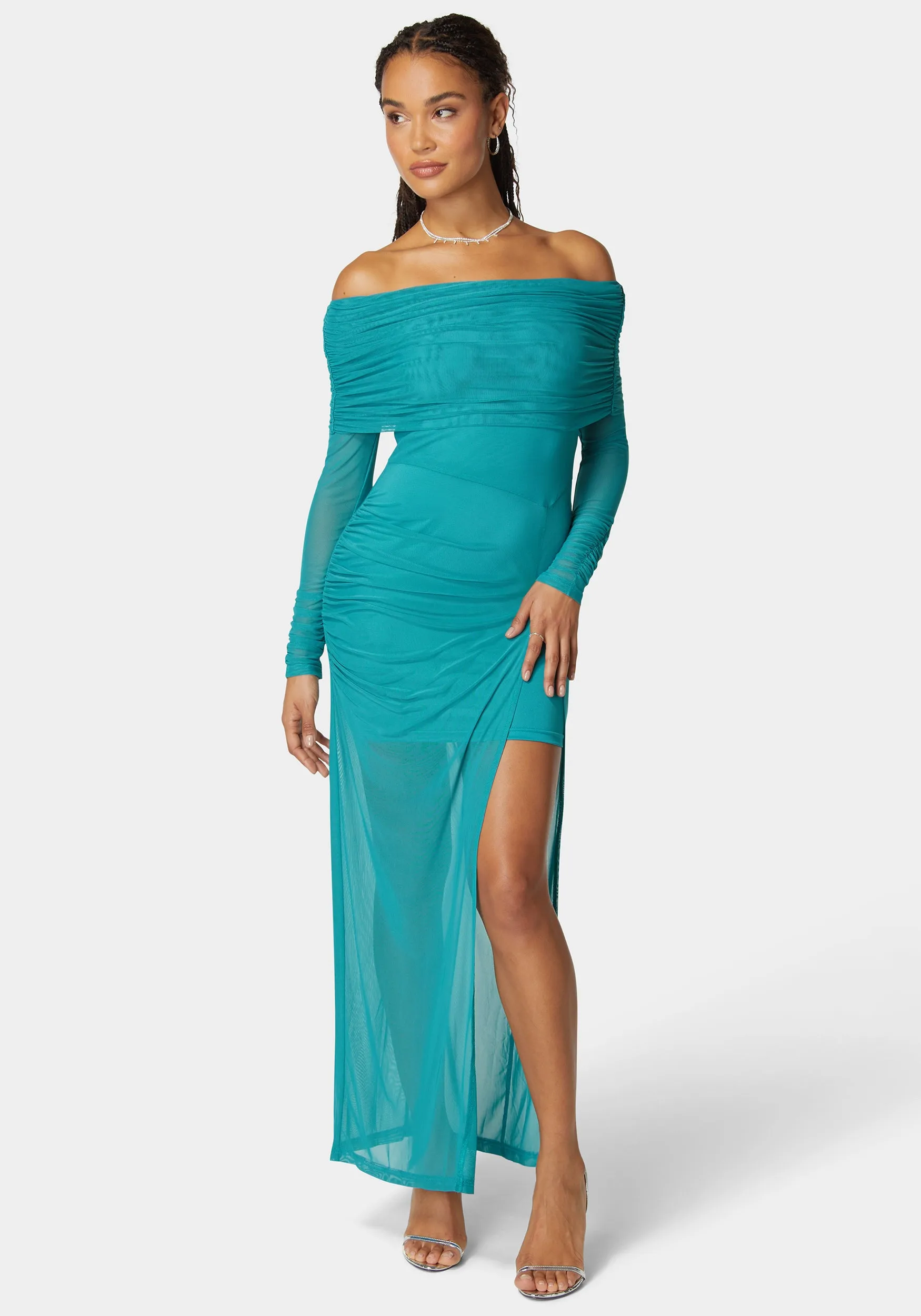 Off Shoulder Asymmetrical Mesh Gown sold by Bebe