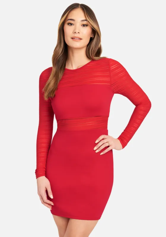 Long Sleeve Striped Mesh Mini Dress sold by Bebe