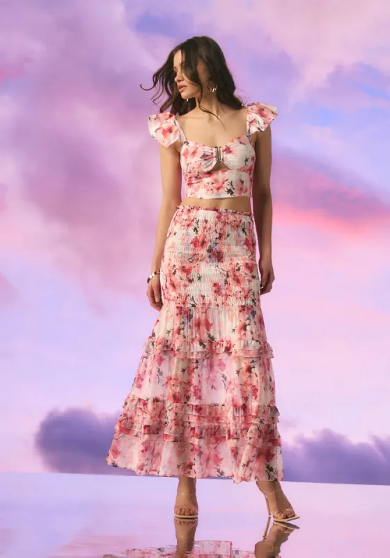 High Waist Smocked Ruffle Maxi Skirt sold by Bebe