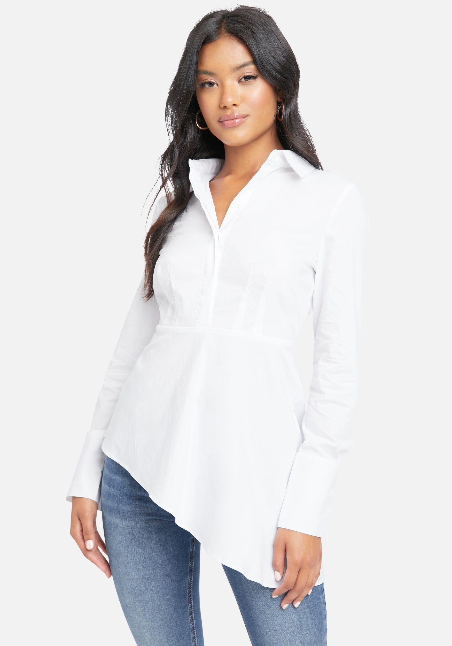 Asymmetrical Poplin Collar Top sold by Bebe