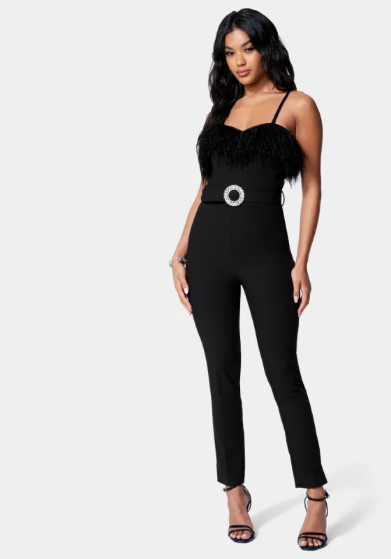 Feather Trim Slim Leg Belted Jumpsuit sold by Bebe