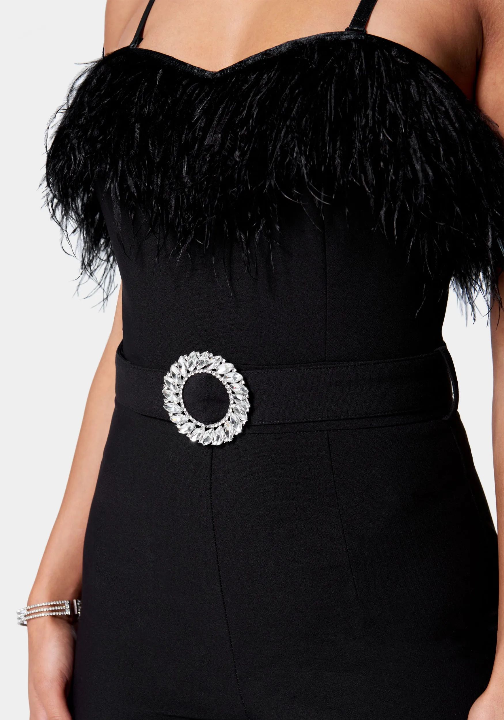 Feather Trim Slim Leg Belted Jumpsuit sold by Bebe product image thumbnail 4