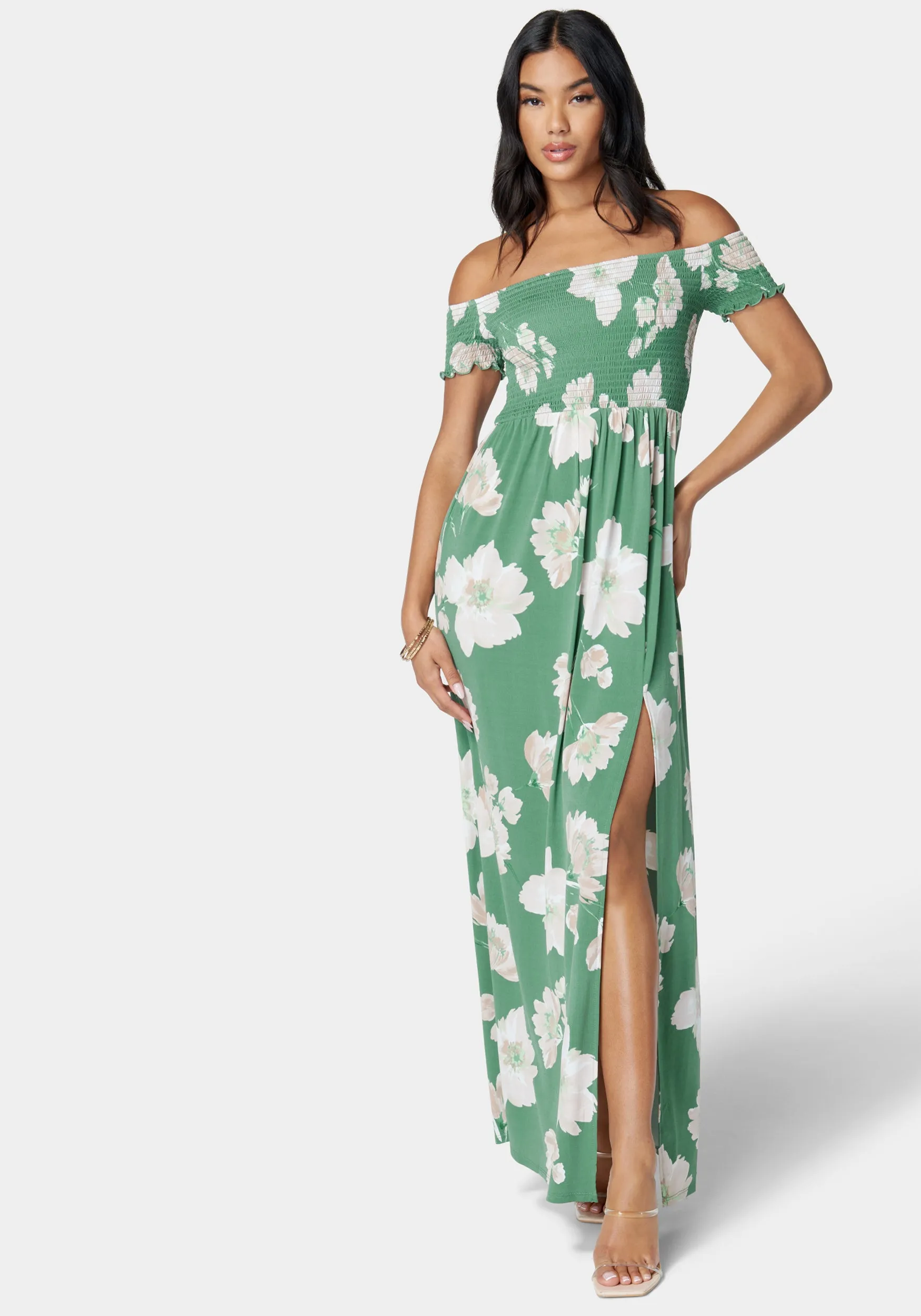 Off Shoulder Slit Maxi Dress sold by Bebe