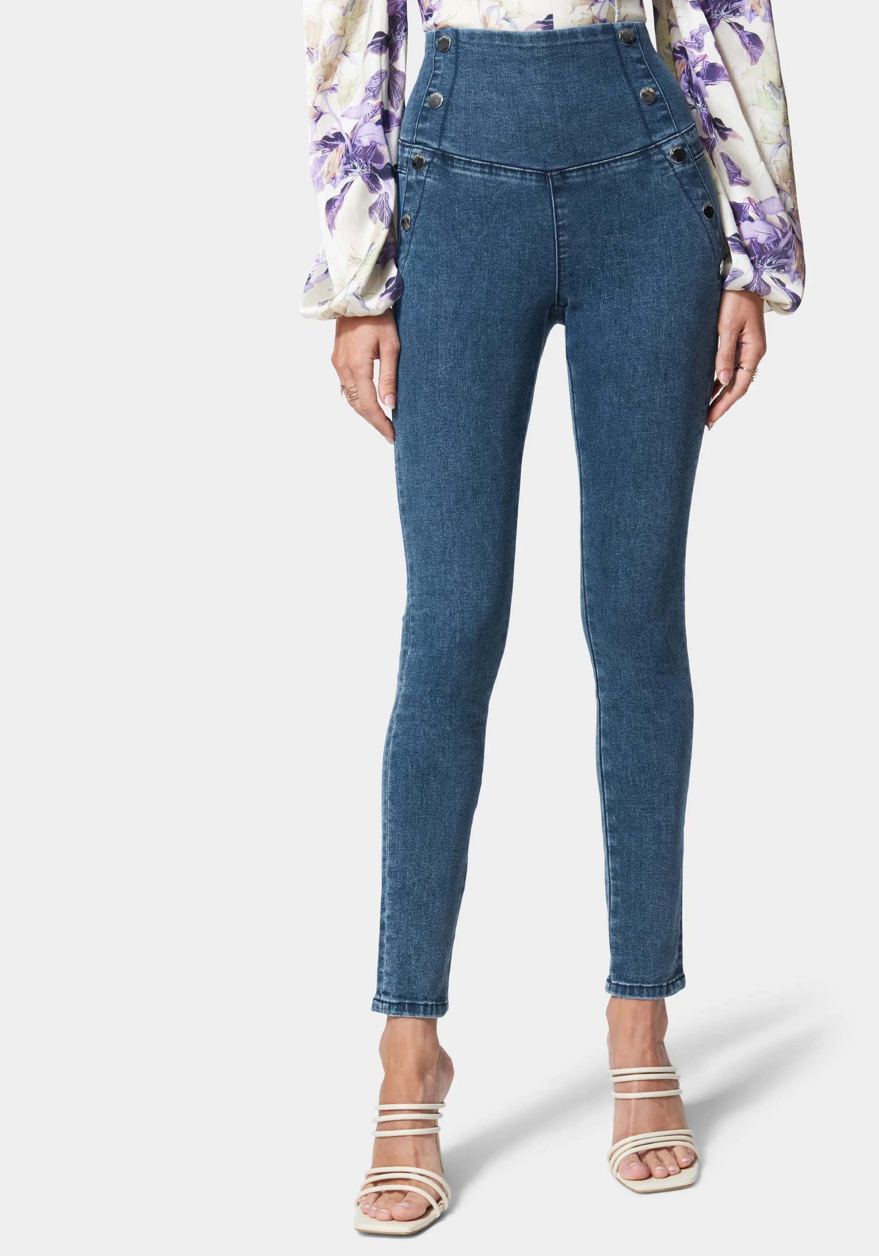 High Waisted Button Detail Skinny Jeans sold by Bebe