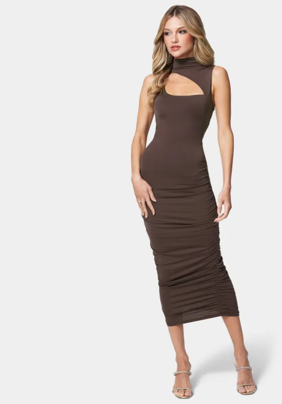 Mock Neck Shirred Midi Dress sold by Bebe