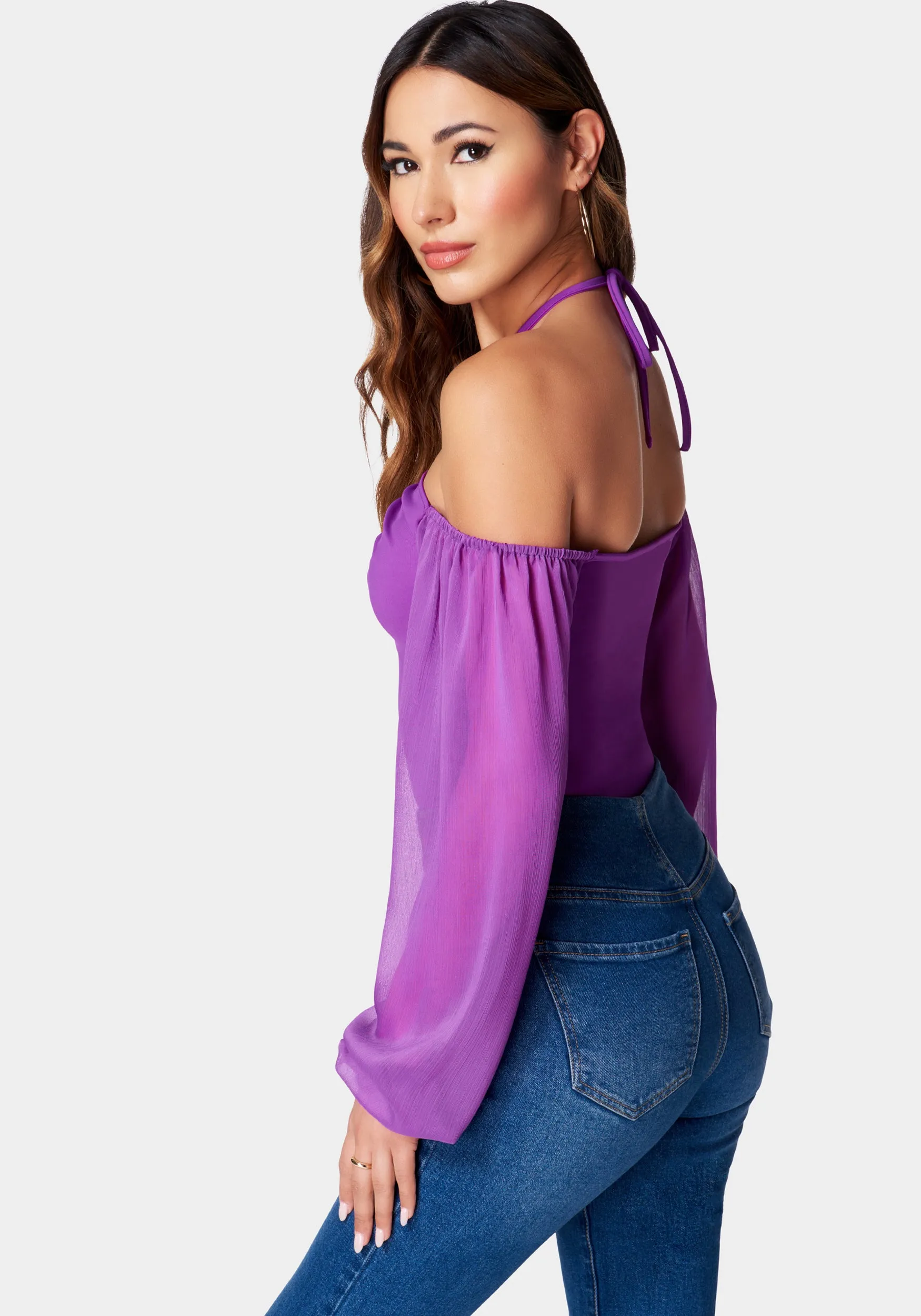 Chiffon Sleeve Cold Shoulder Tie Neck Knit Top sold by Bebe product image thumbnail 3