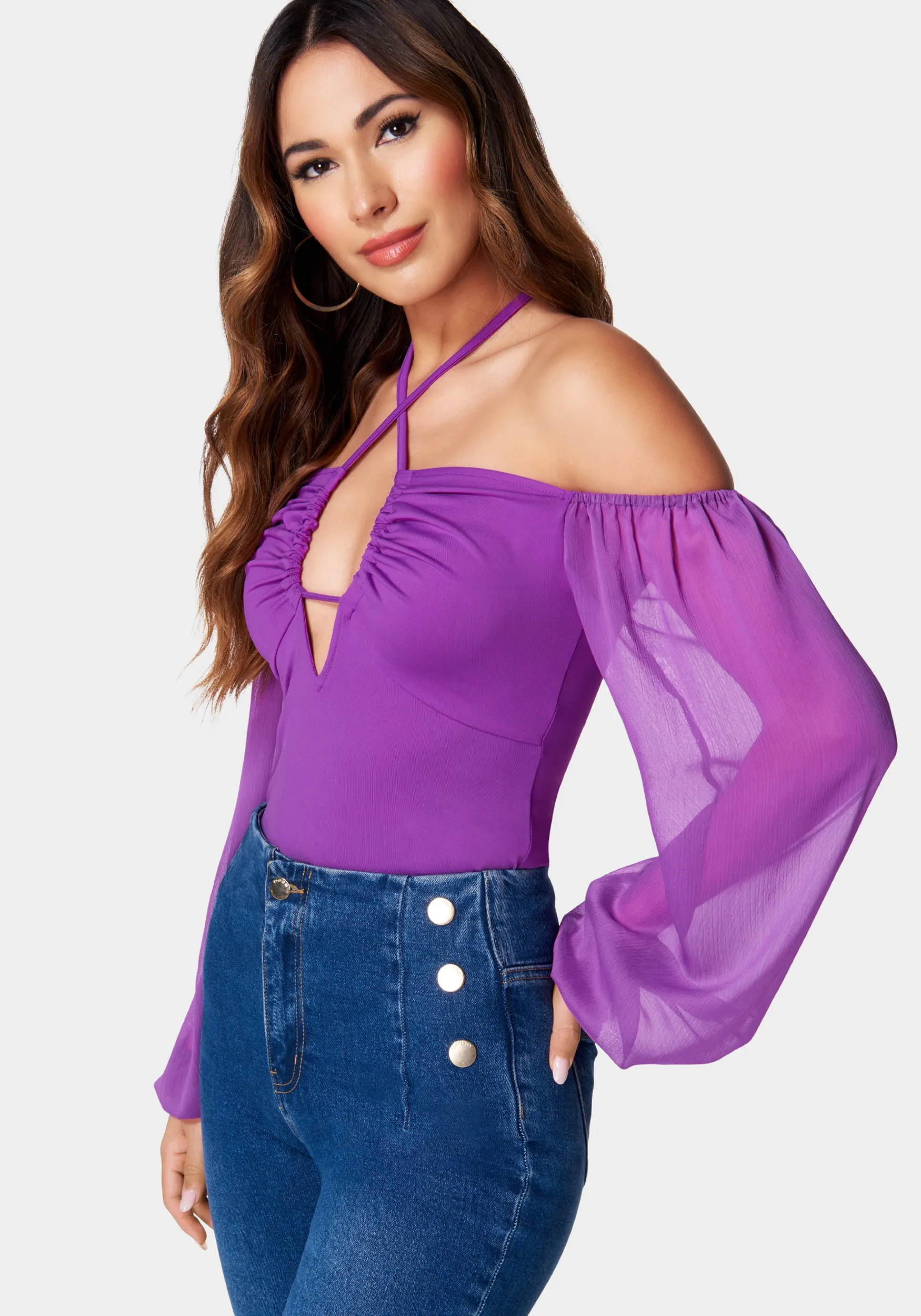 Chiffon Sleeve Cold Shoulder Tie Neck Knit Top sold by Bebe product image thumbnail 2