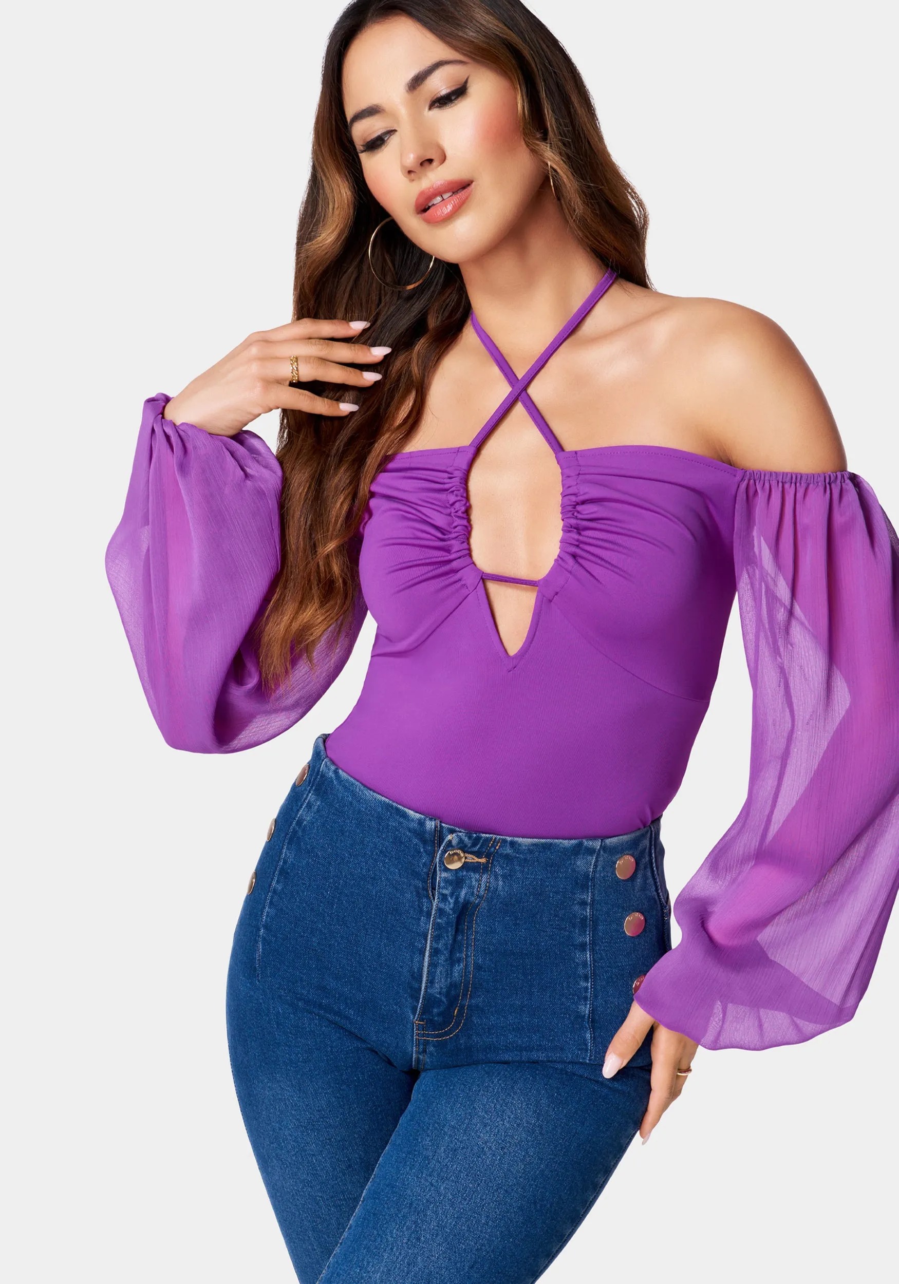 Chiffon Sleeve Cold Shoulder Tie Neck Knit Top sold by Bebe